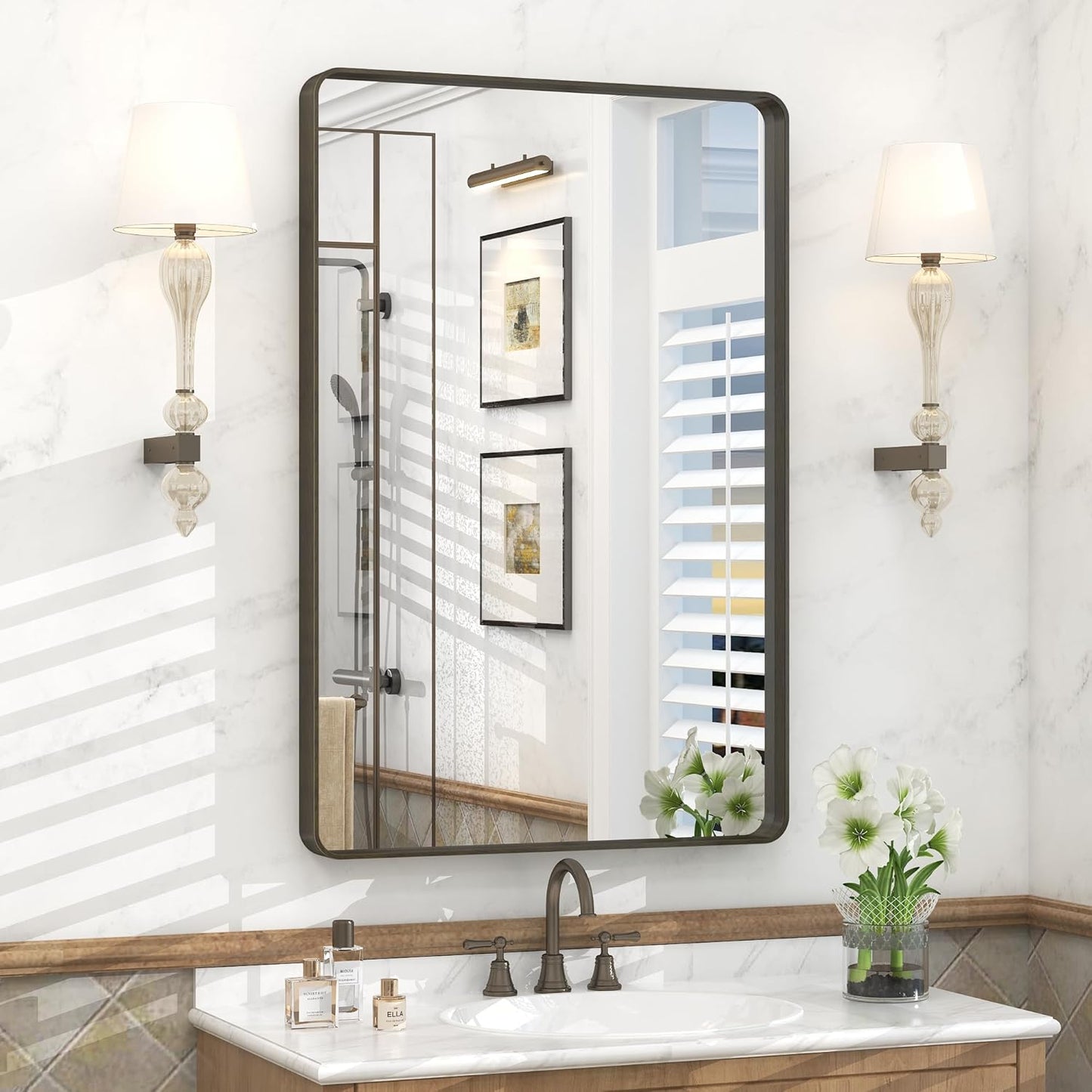 24x36 Inch Bronze Framed Bathroom Mirror, Rectangle Brushed Bronze Metal Vanity Mirror, Small Modern Wall Mirror, Rounded Corner, Tempered Glass, Anti-Rust, Shatterproof (Horizontal/Vertical)
