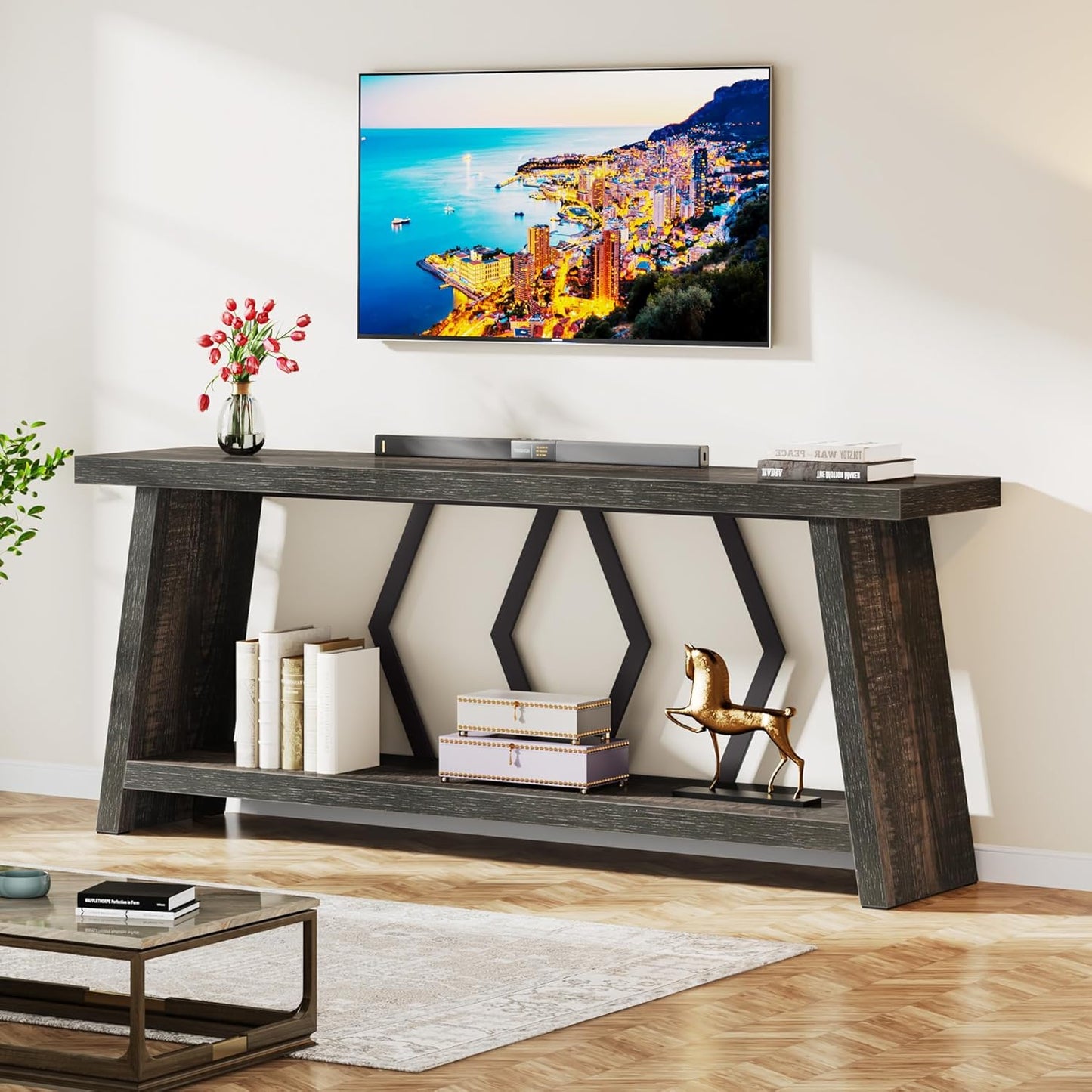 Tribesigns 70.86-Inch Long Sofa Table for Living Room, 2-Tier Narrow Console Table with Storage, Wood Foyer Entryway Couch Table for Hallway, Entrance (Dark Gray)