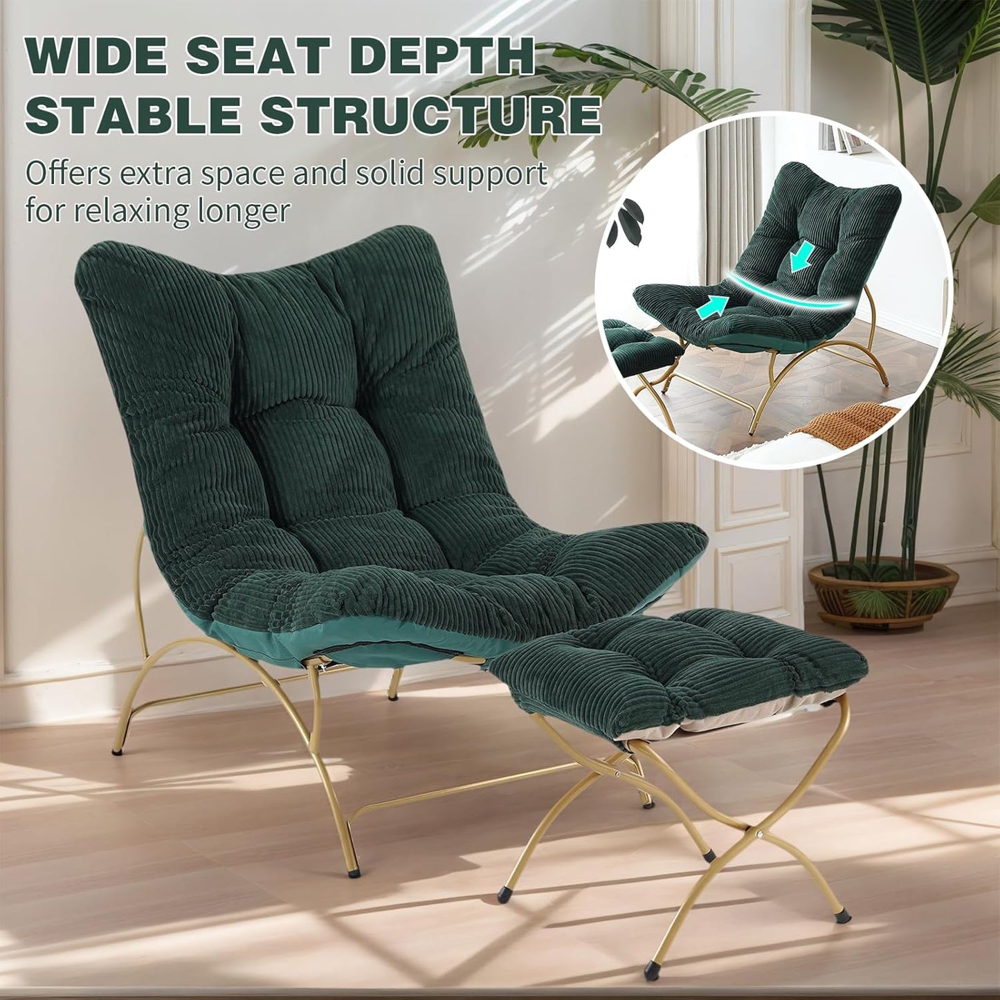 Welnow Accent Chair with Ottoman, Lounge Comfy Soft Leisure Metal Frame Reading Chair with Footrest, Upholstered Thick Cushion Seated Recliner Sofa for Living Room, Bedroom, Dorm, Dark Green
