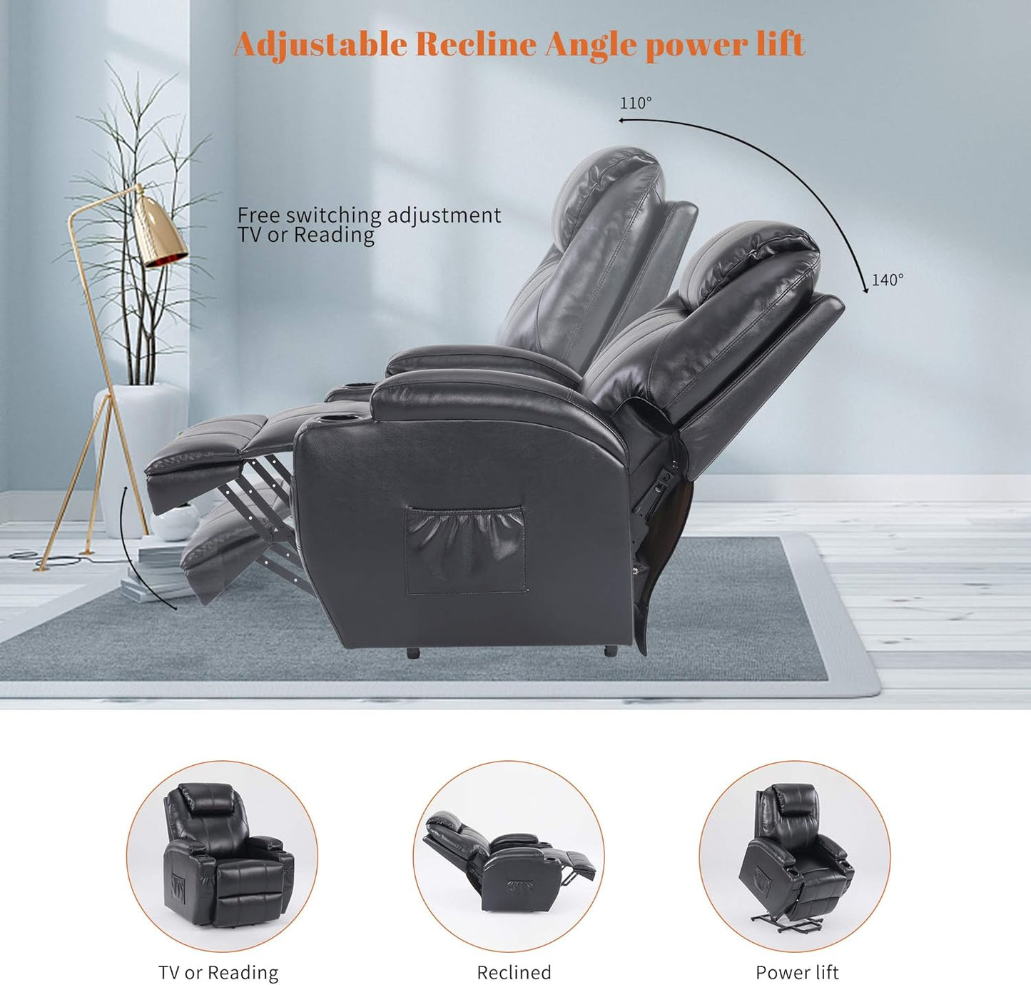 S*MAX Lift Chairs Recliners for Elderly Power Recliner Chairs Full Air Leather Electric Recliner Chairs Side Pockets USB Charge Port and Remote Control Power Lift Recliners Black