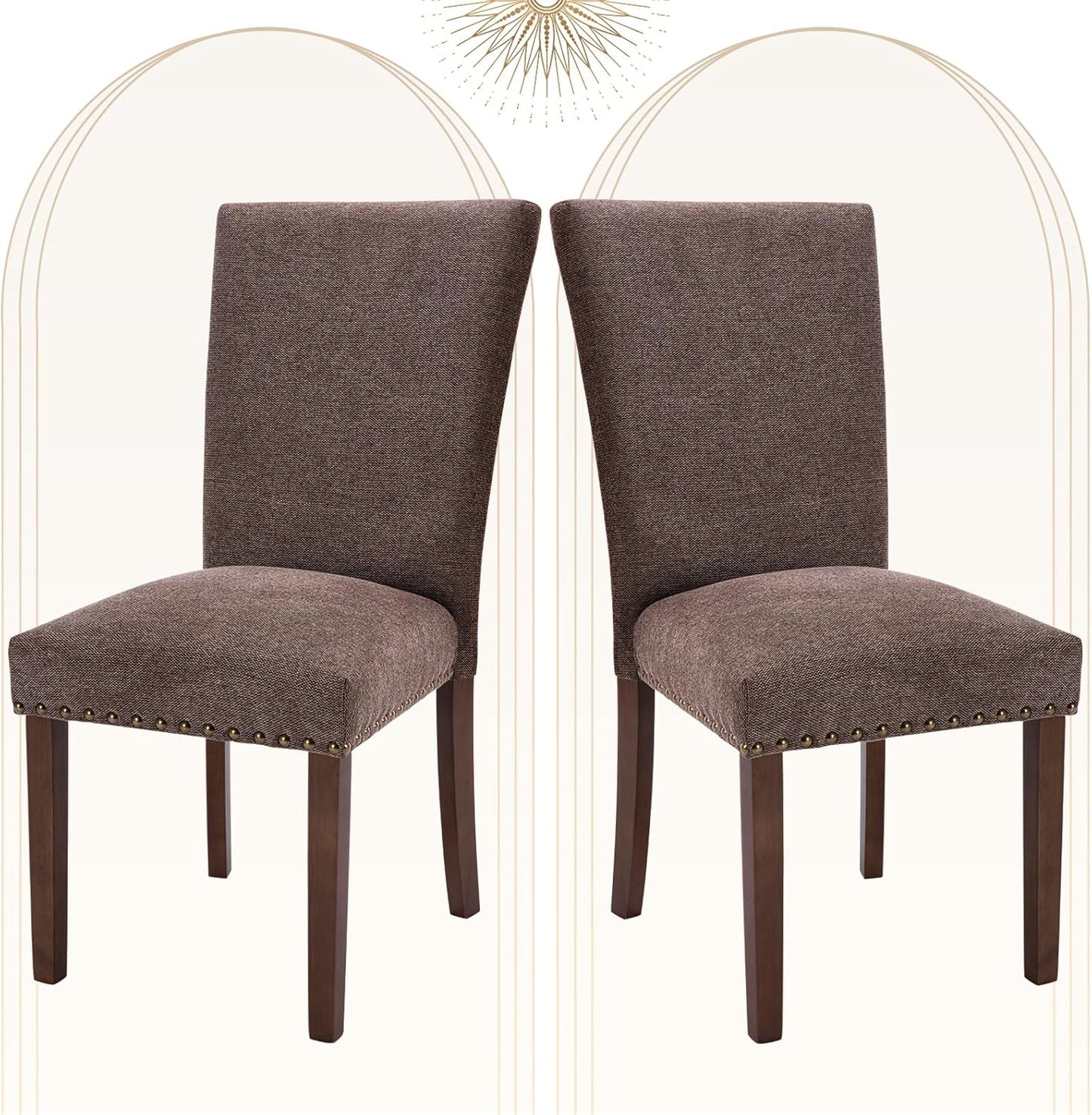 COLAMY Upholstered Parsons Dining Chairs Set of 2, Fabric Dining Room Kitchen Side Chair with Nailhead Trim and Wood Legs - Brown