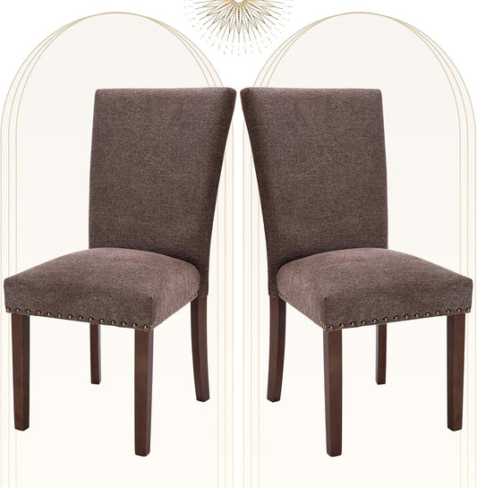 COLAMY Upholstered Parsons Dining Chairs Set of 2, Fabric Dining Room Kitchen Side Chair with Nailhead Trim and Wood Legs - Brown
