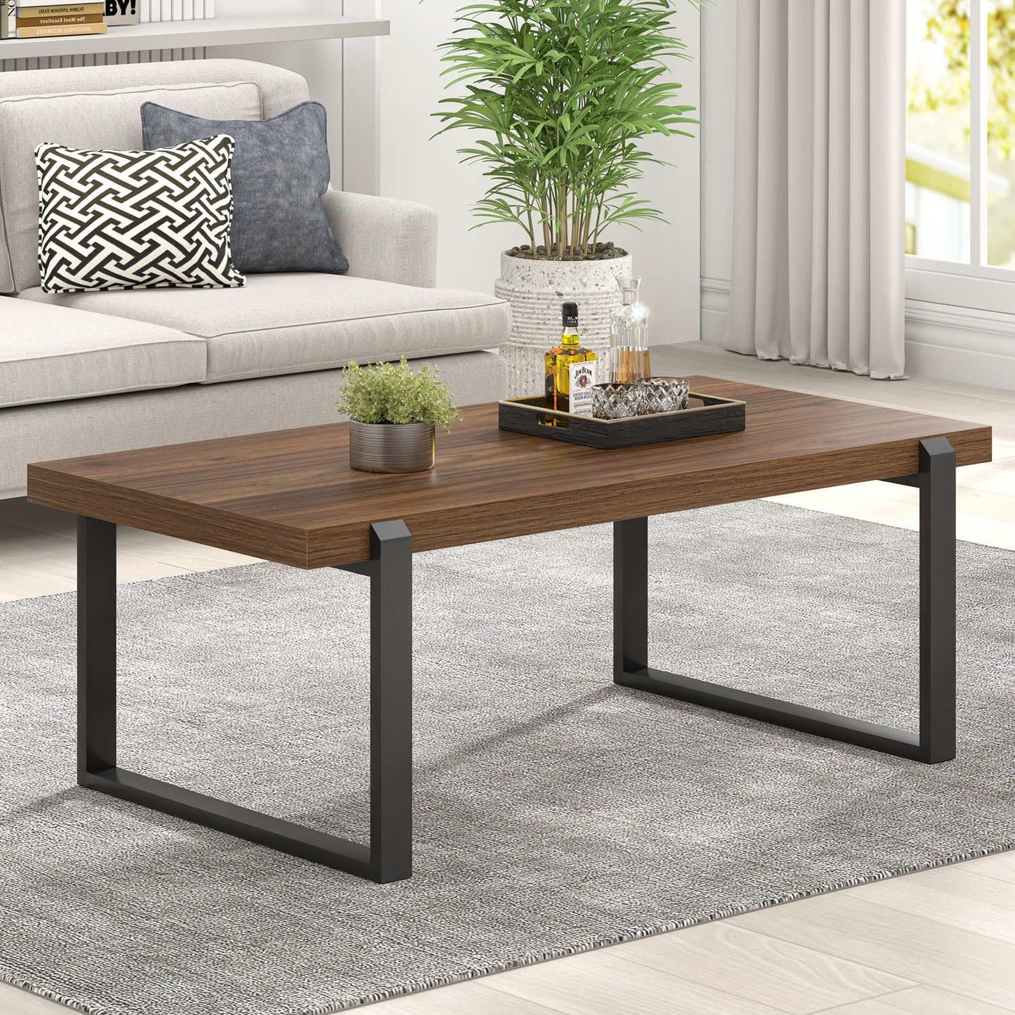 FOLUBAN Modern Coffee Table, Rustic Wood and Metal Center Table, Industrial Rectangle Cocktail Tea Table for Living Room, Walnut, 44 Inch