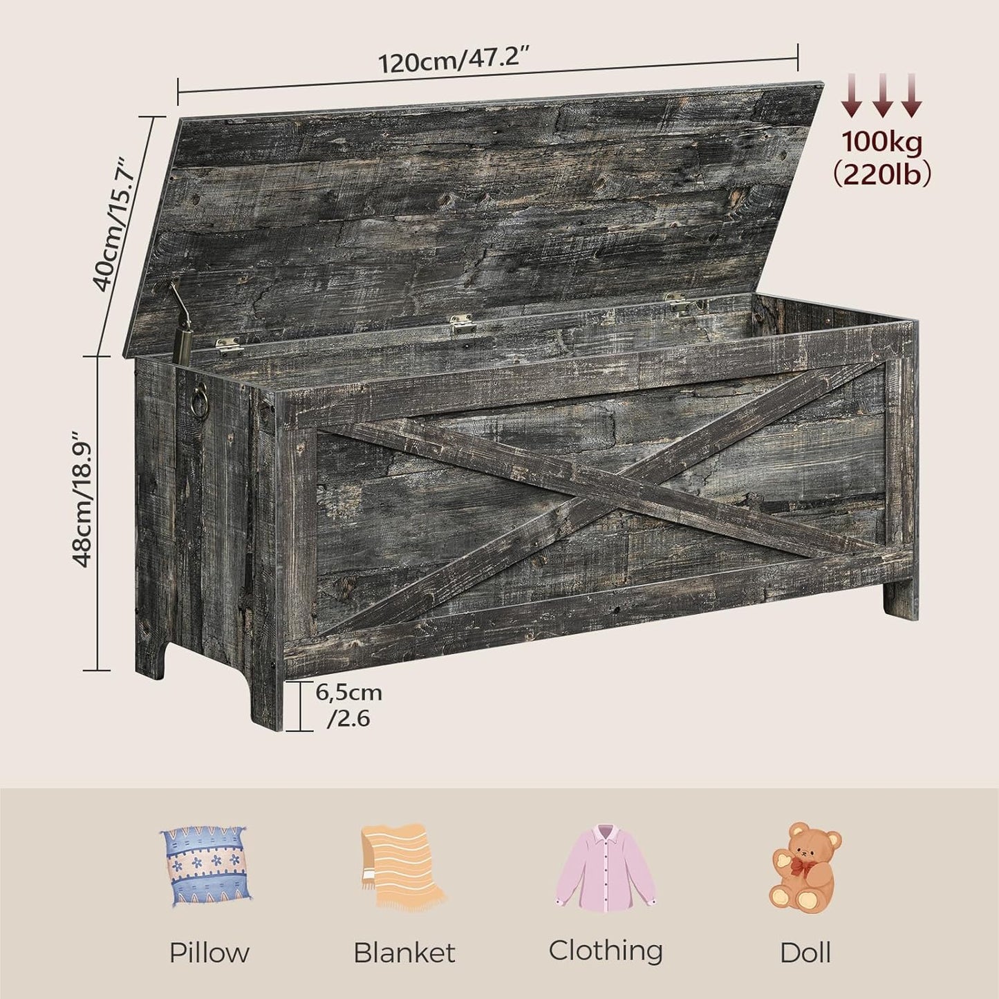 47.2" Toy Chest, Sturdy Entryway Storage Chest with Safety Hinges, Retro Toy Box, Wooden Look Accent Furniture for Living Room, Bedroom, Vintage Gray SCRP48801