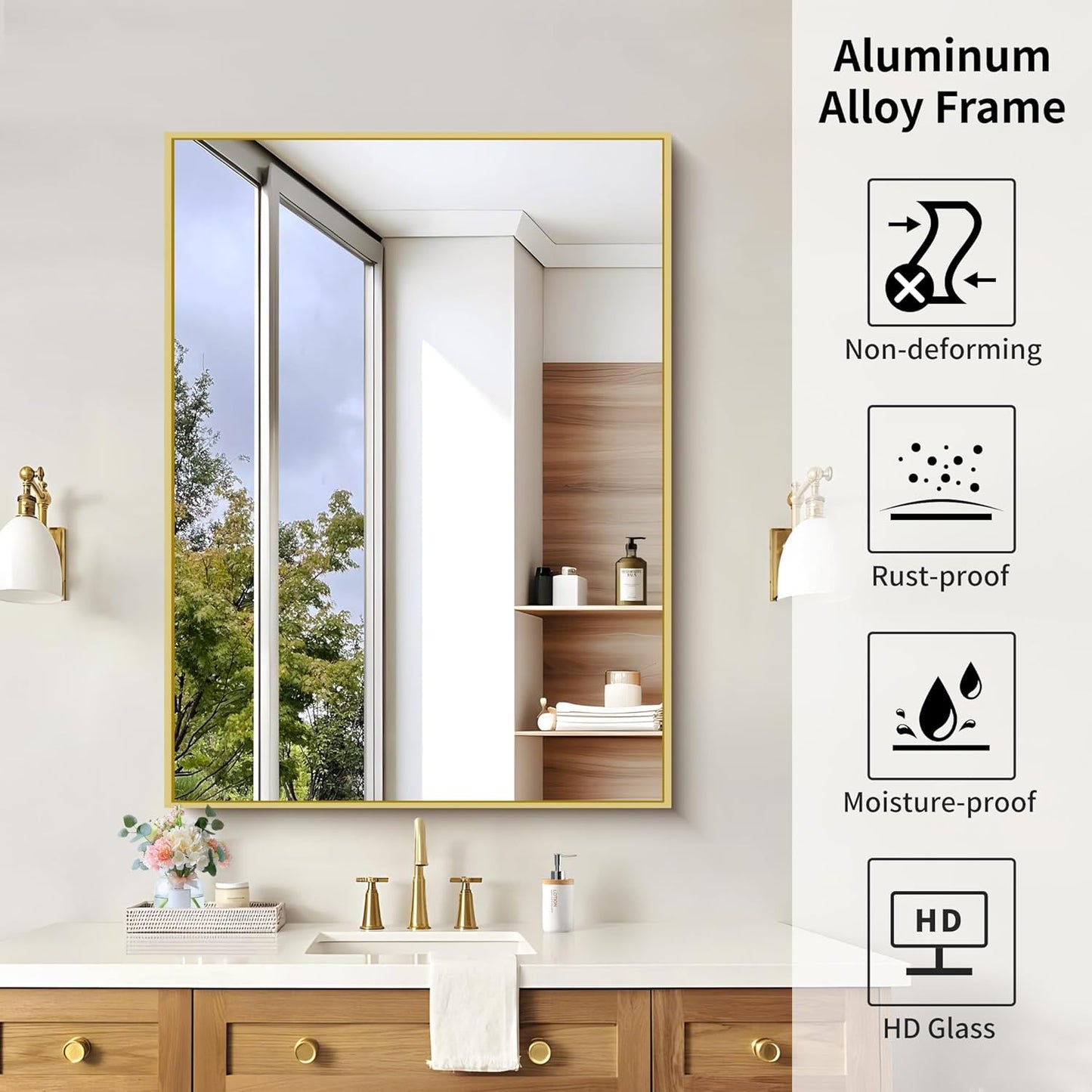 KOCUUY 30x40 Inch Large Gold Wall Mounted Mirror,Aluminum Framed Decorative Rectangular Bathroom Mirror for Wall Over Sink,Vanity Mirror for Bedroom Living Room Bathroom,Functional Oversized Mirror