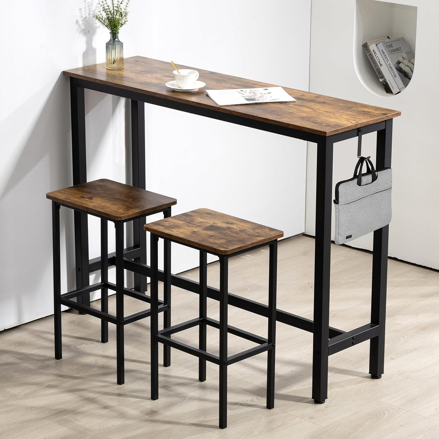Finnhomy 52.7" Industrial Bar Table Set with 2 Stools - Counter Height Dining & Pub Table for Small Spaces, Kitchen, Apartment, Breakfast Nook - Metal & Wood, Space-Saving Furniture - Rustic Brown