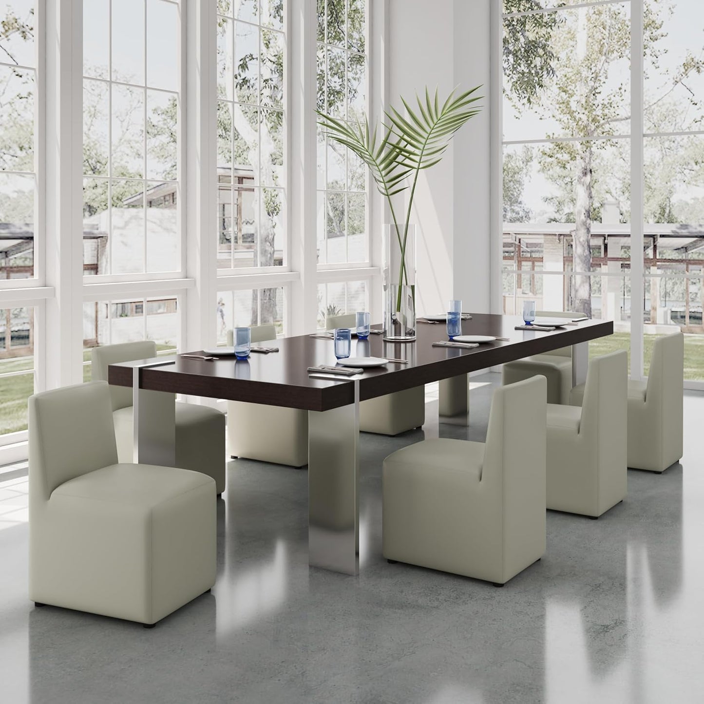 Manhattan Comfort Anna Square Modern Dining Chair with Head to Toe Faux Leather Upholstery and Plastic Foot Padding, Luxury Accent Furniture, Set of 2, Stone Grey