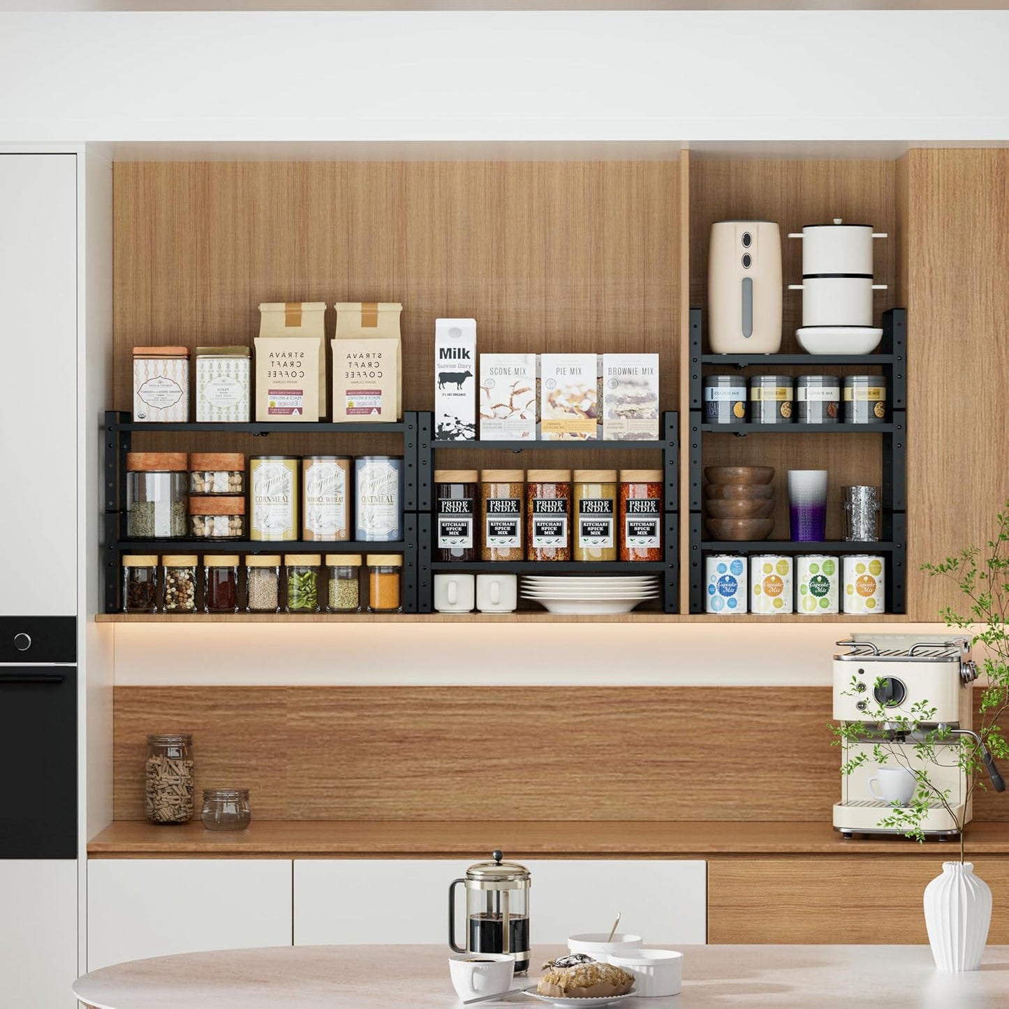 Expandable Stackable Aadjustable Shoe Rack Pantry Shelf for Kitchen Cabinets Counter Shelves Countertop Cupboard Storage Solution,Sturdy Heavy-Duty Metal Construction(1Pack/Black/Large)