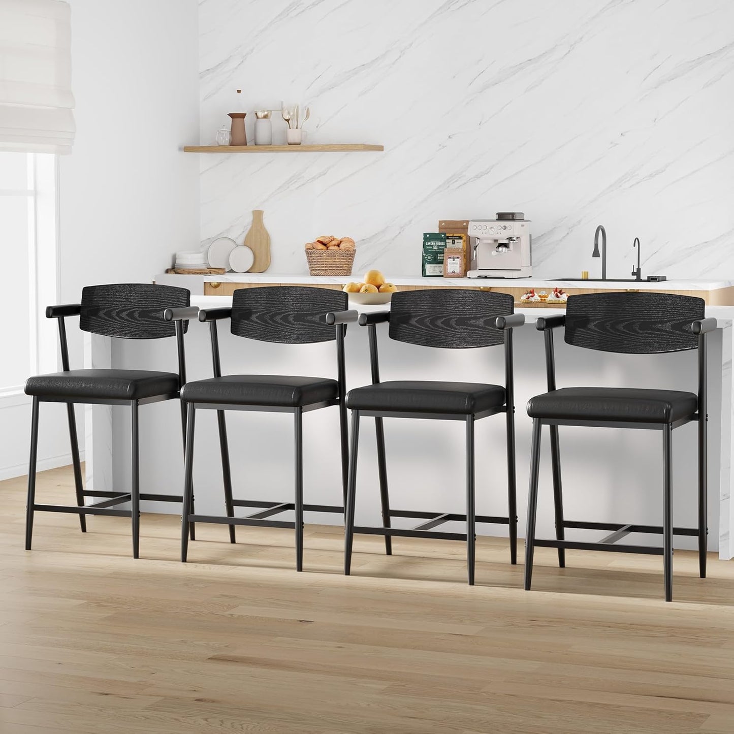 GarveeHome Counter Height Bar Stools Set of 2 with Arms, 26" Upholstered Modern Bar Stools Set with Wood Back & Footrest for Kitchen Island, Counter Bar, Wider Seat, Easy Assembly,Retro Black