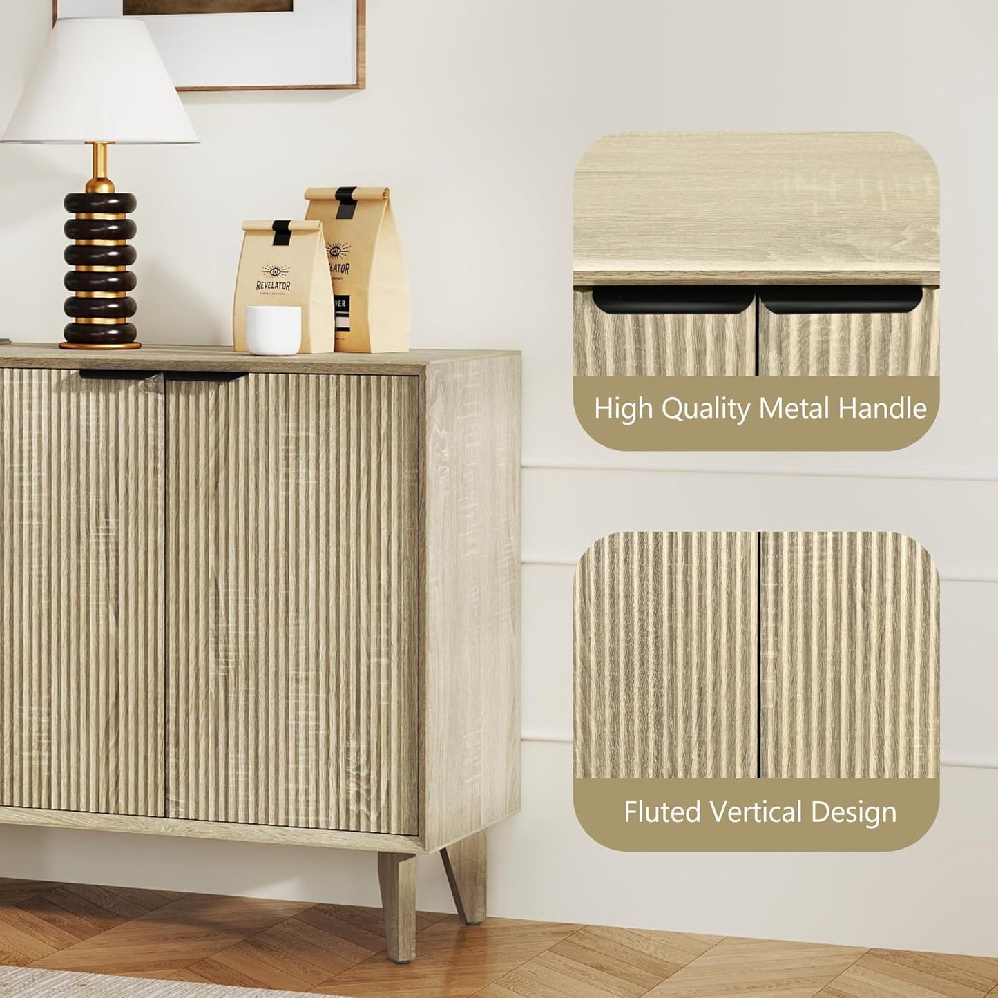 Fluted Cabinet with Storage, Small Buffet Storage with Doors, Buffet Sideborad Accent Cabinet with Adjustable Shelves for Living Room, Kitchen, Entry, Hallway, Natural