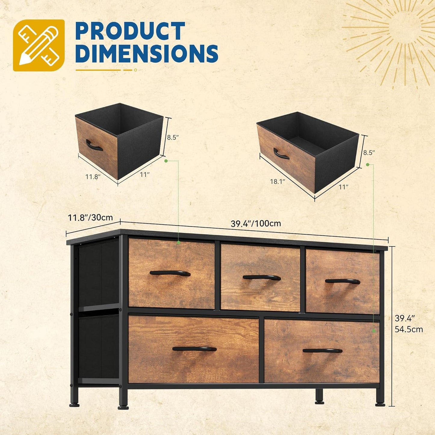 DWVO Dresser for Room with 5 Drawers - Fabric Storage Tower, Long Fabric Dresser, Organizer Unit for Closet, Hallway