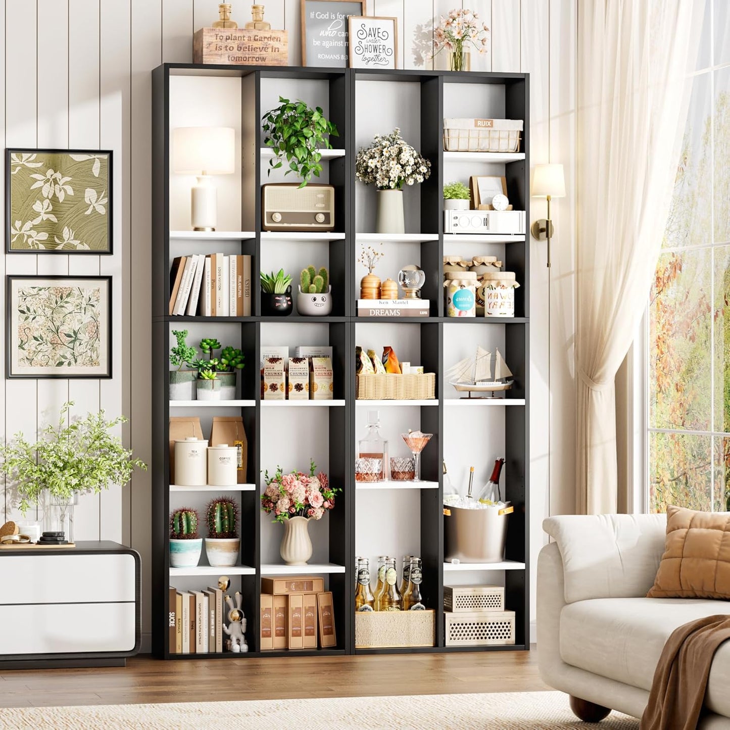 FOTOSOK 71'' Tall Bookshelf, Double Wide Media Tower Rack CD DVD Rack Display Cabinet with Adjustable Shelves, Tall Narrow Bookcase Bookshelf for Home Office, White/Black