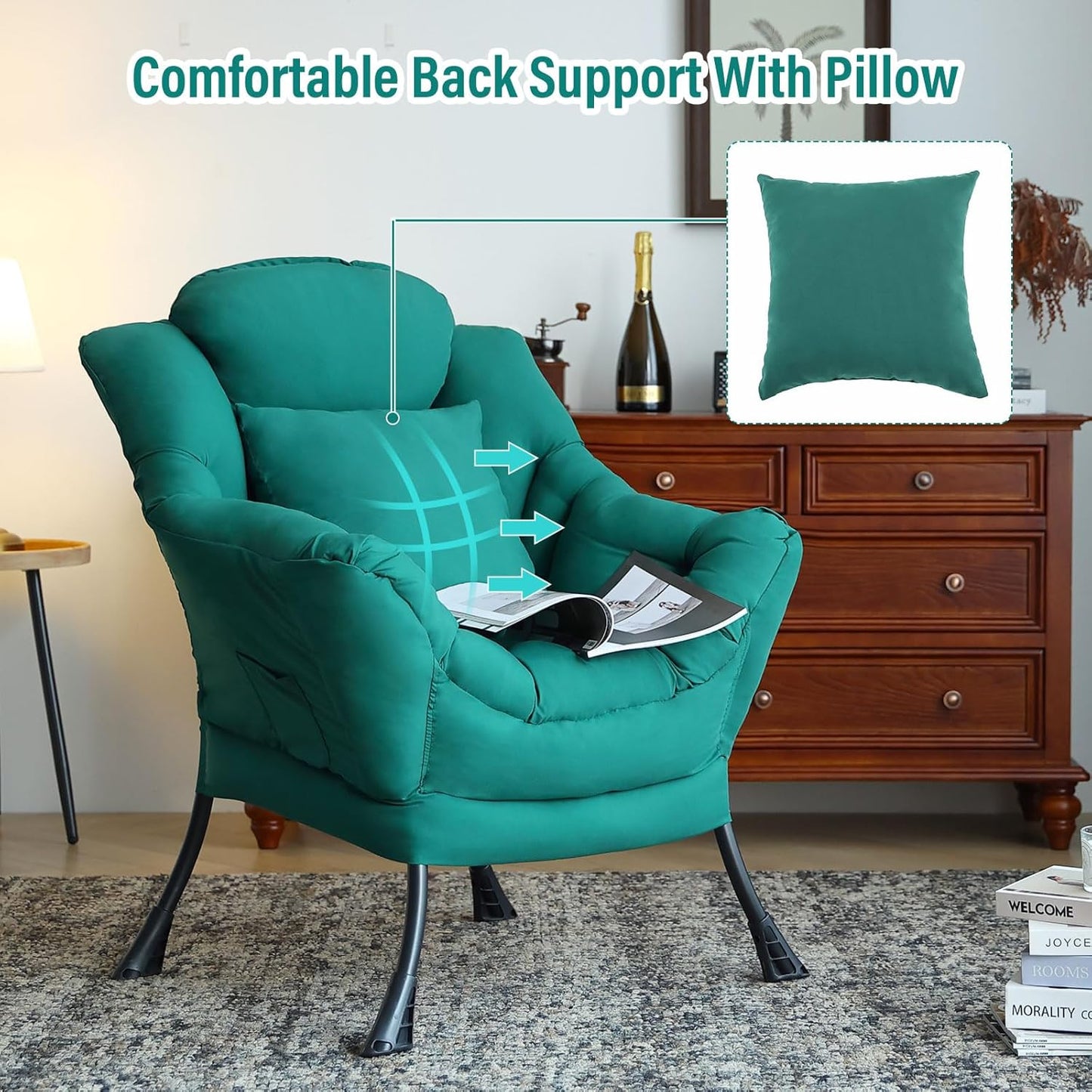 Lazy Chair with Pillow for Living Room, Modern Lounge Accent Chair with Armrests and a Throw Pillow, Leisure Sofa Chair Set, Reading Chair for Bedroom, Dorm Room, Office, Dark Green