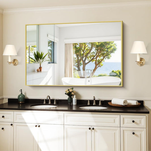 KOCUUY 30x48 Inch Large Gold Wall Mounted Mirror,Aluminum Framed Decorative Rectangular Bathroom Mirror for Wall Over Sink,Vanity Mirror for Bedroom Living Room Bathroom,Functional Oversized Mirror