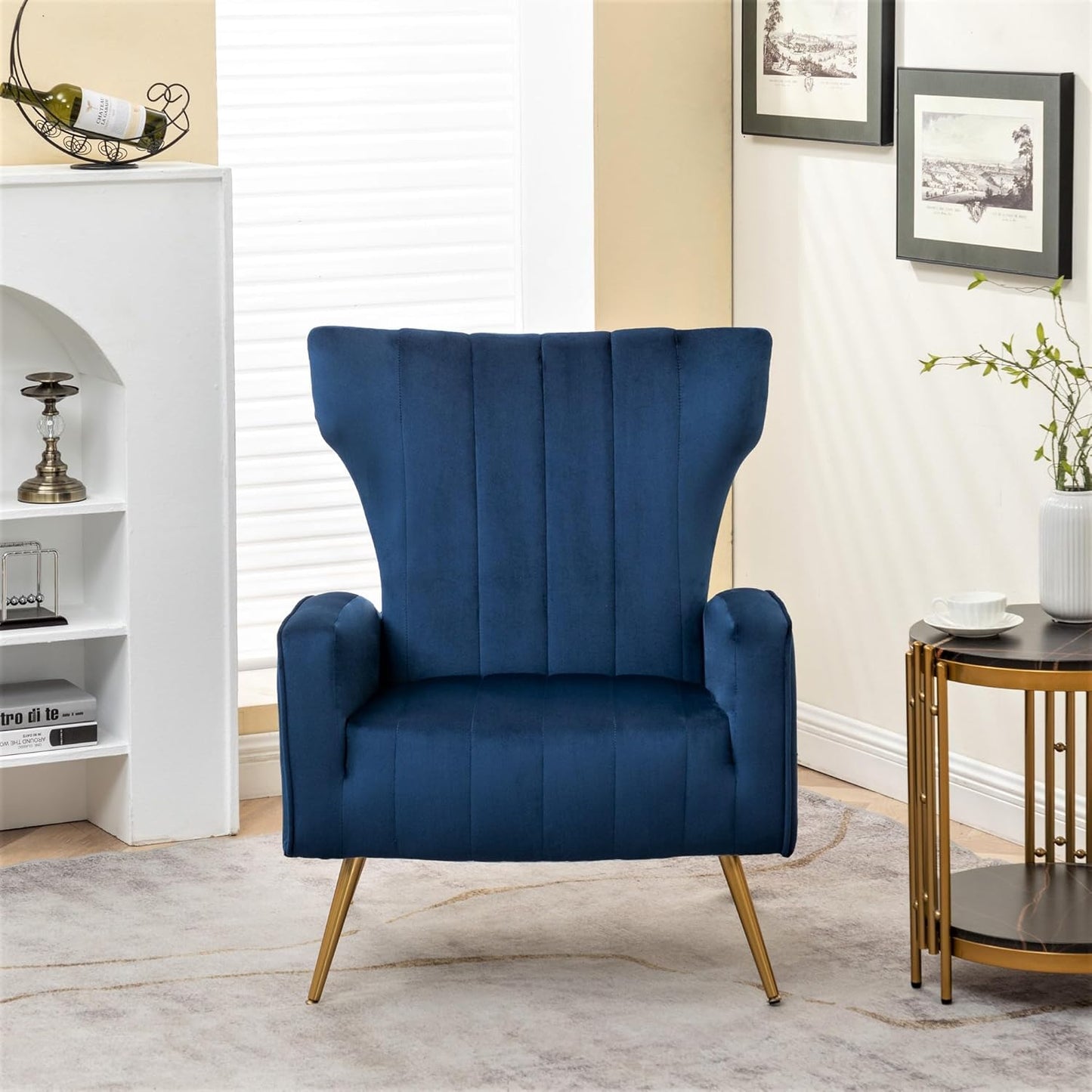 Container Furniture Direct Modern Velvet Accent Chair, Channel Tufted Bedroom, Office or Living Room Furniture with Elegant Metal Legs, 26" Wide Armchair, Blue