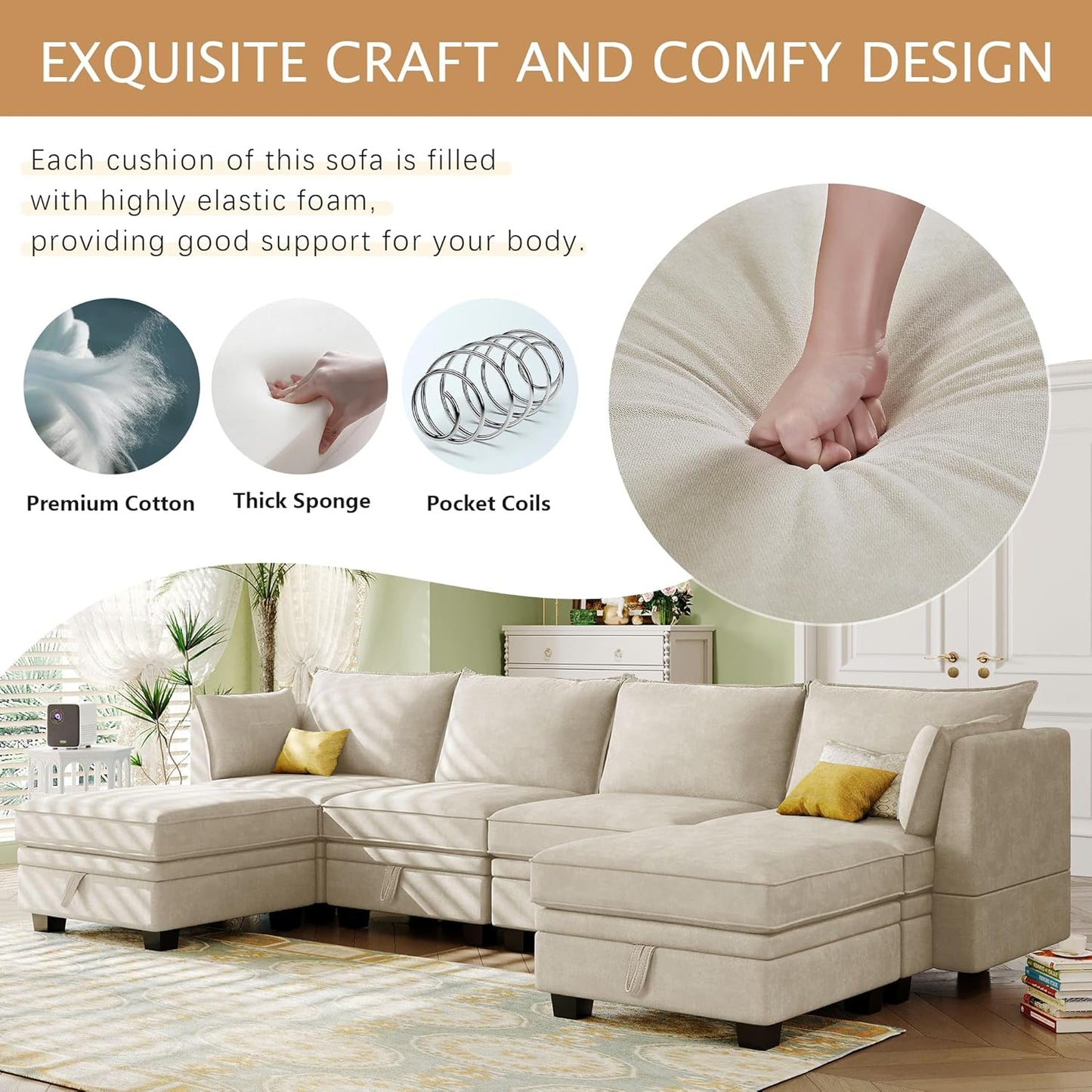 115.1 Inch Oversized U-Shape Sectional Sofa with Removable Ottoman and Storage Seat, Modular Upholstered Convertible Couch Bed w/Reversible Chaise for Living Room, Office, Beige