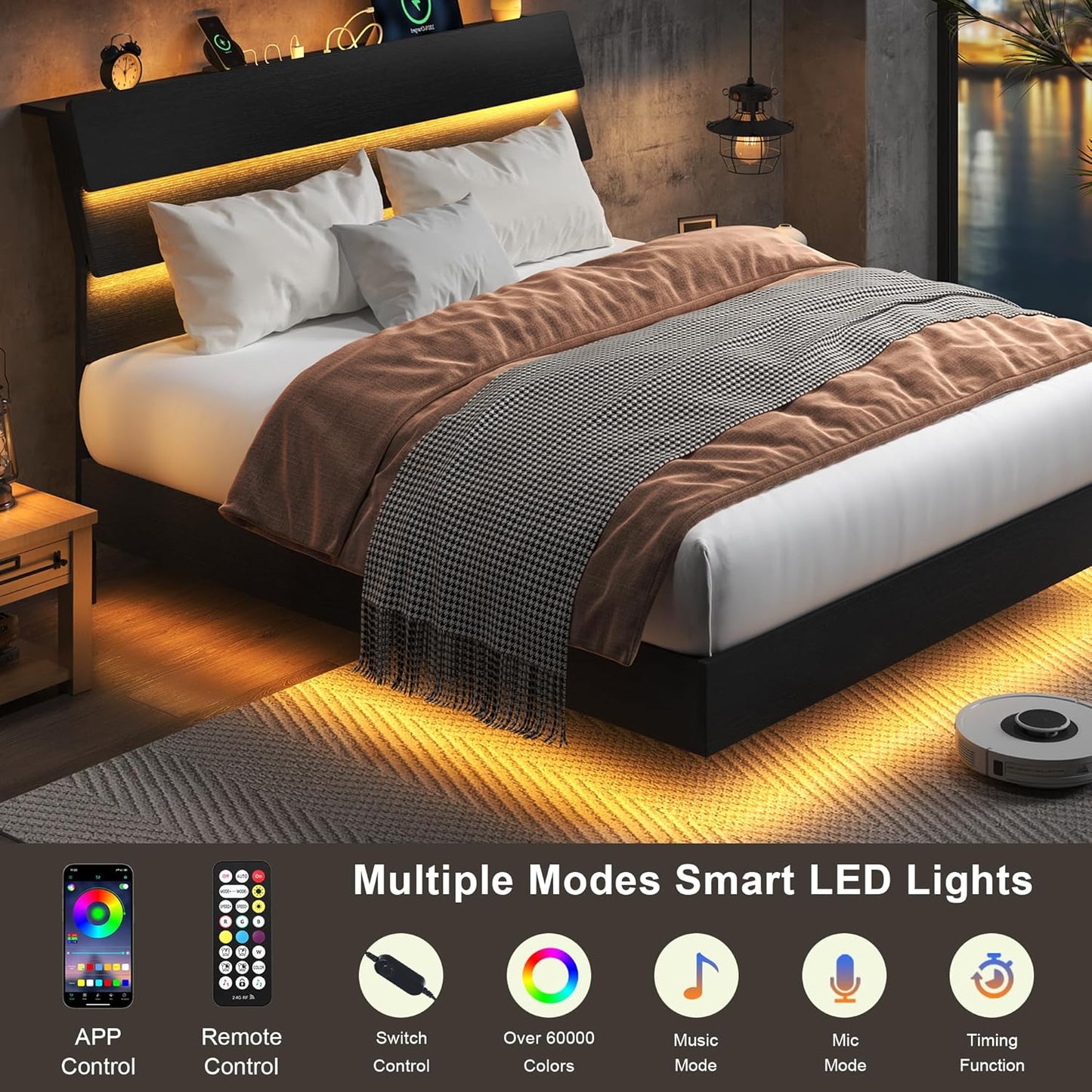 Feonase Floating Bed Frame Full with Led Lights and Charging Station, Wood Full Size Bed Frame with Storage Headboard, Heavy Duty Metal Slats, No Box Spring Needed, Easy Assembly, Noise-Free, Black