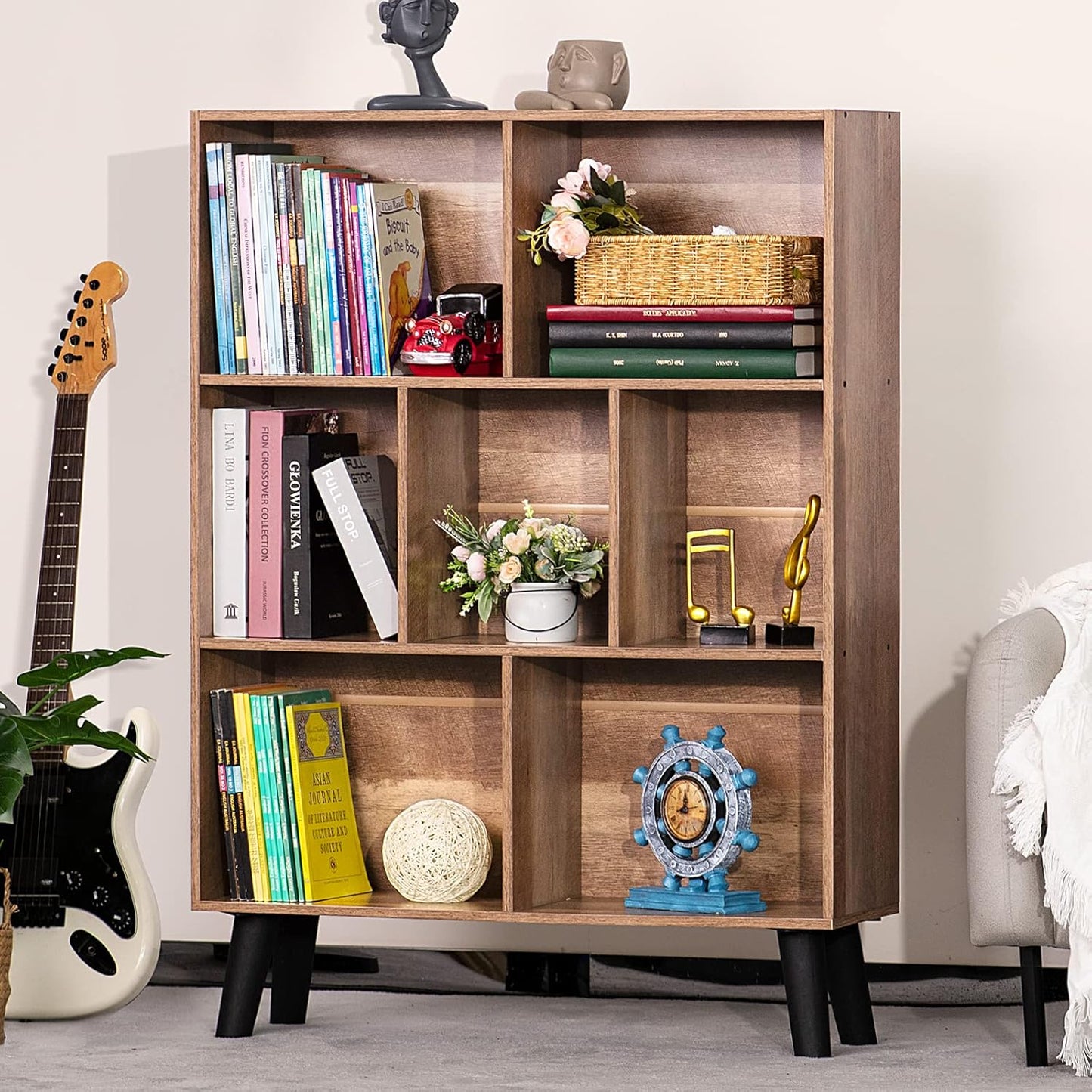 LEYAOYAO 7 Cube Bookshelf 3 Tier Modern Bookcase with Legs,Wood Book Shelves Storage Organizer Shelf,Free Standing Bookcases,Oak Display Bookshelves