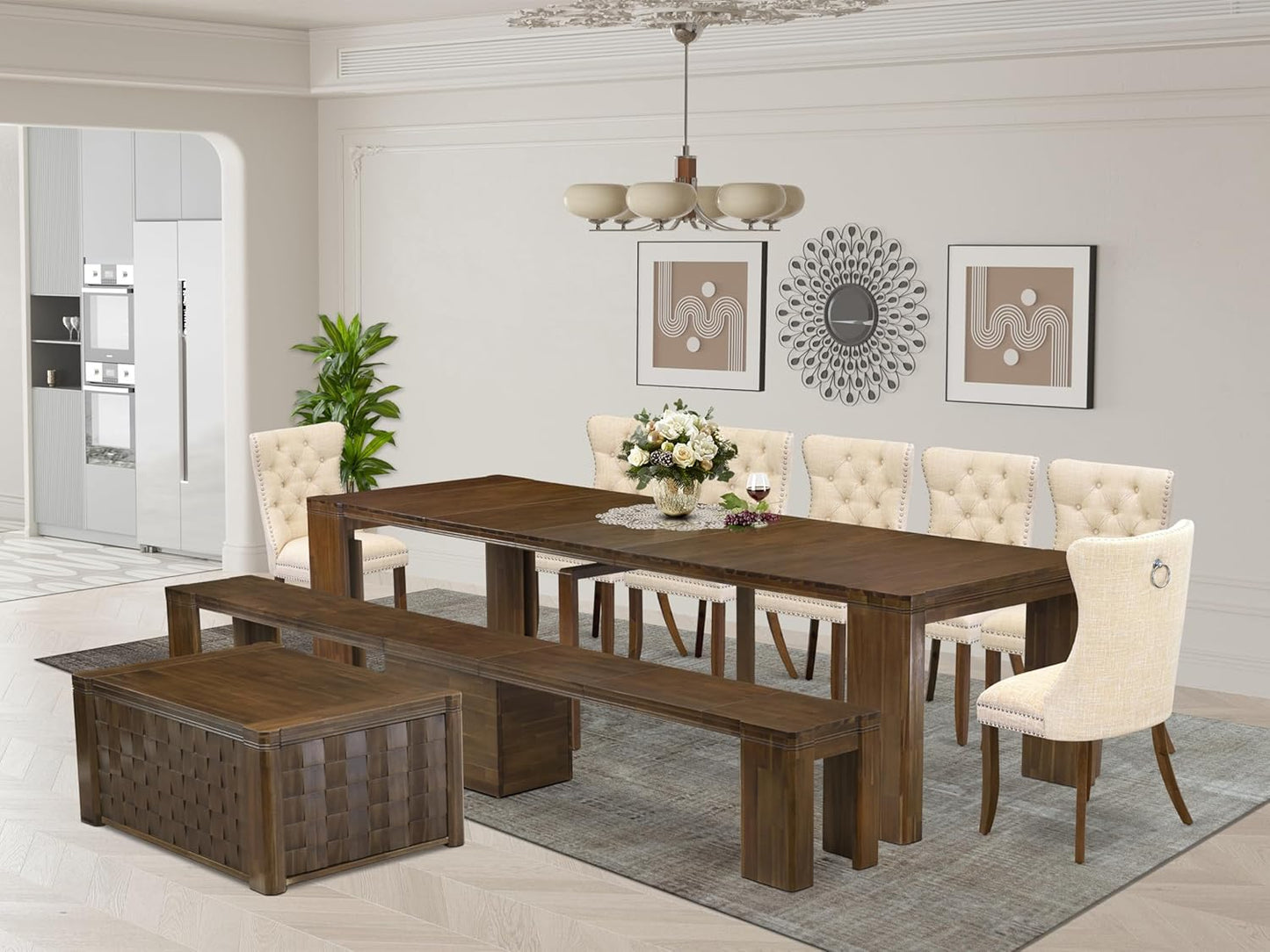 X07DA-BC8-32 10-Pc Kitchen Table Set includes an Extendable Rectangle Kitchen Table, 1 Coffee Table, 7 Polyester Dining Chairs and 1 Bench, 39x120 Inch, Antique Walnut