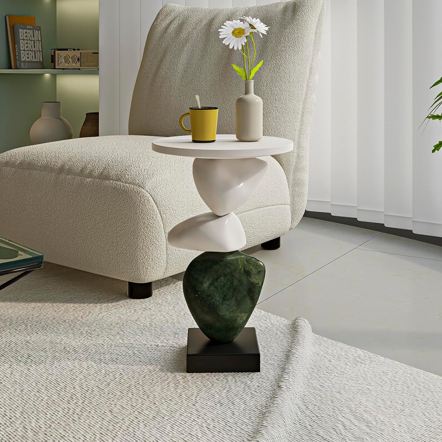 Luxury Coffee Table, Marble Style Side Table with Stacked Pebbles Design, Morden Style Oval Stone End Table for Living Room, Bedroon and Office