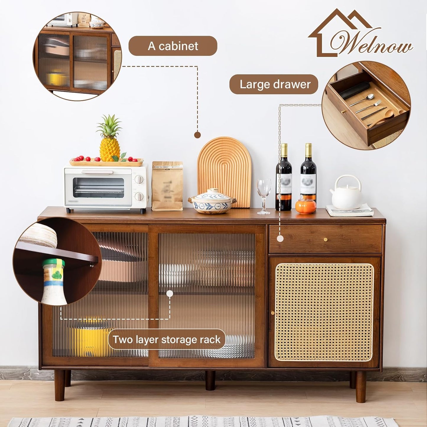 Welnow Buffet Cabinet, Bamboo Sideboard with Storage Rattan Kitchen Display Cabinet with Drawer, Boho Coffee Bar Tables for Kitchen, Living Room, Entryway, Office, Walnut