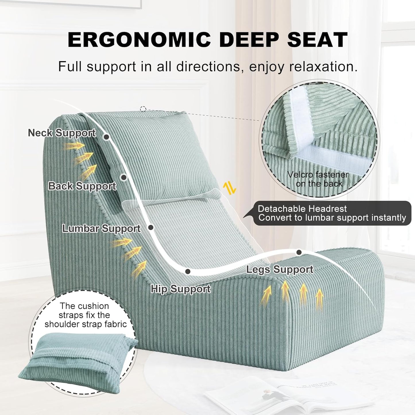 Giant Bean Bag Chair for Adults,Corduroy Chaise Lounge with Unrivaled Back Support, Detachable Neck Pillow, Comfortable Ottoman & Washable Cover for Living Room, Bedroom, Garden(Mint Green)