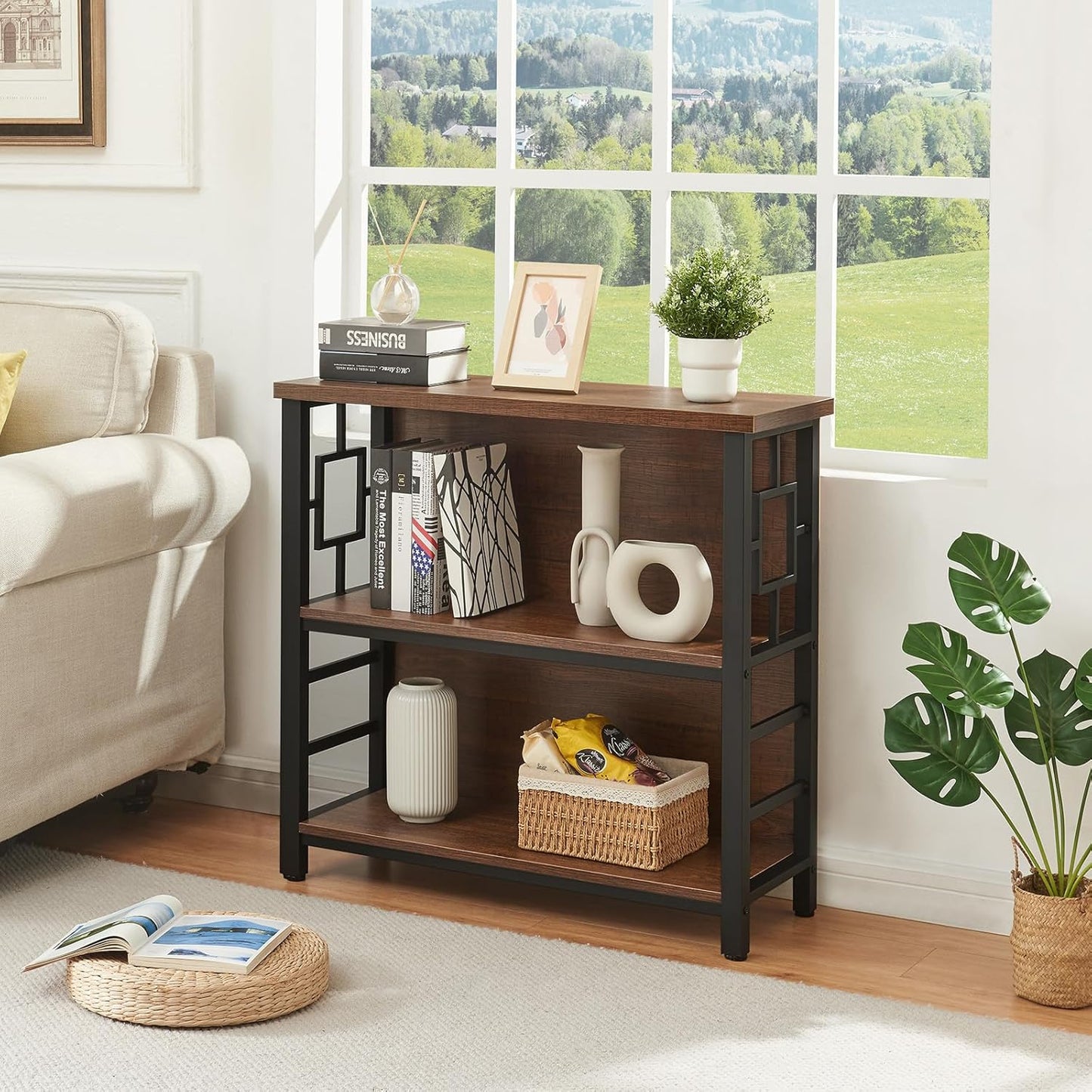 HOMISSUE Book Shelf, 3 Tier Small Bookshelf with Storage, Engineered Wood and Metal Shelf Bookcase, Low Short Bookcases for Small Space, Living Room, Bedroom, Office, Rustic Brown