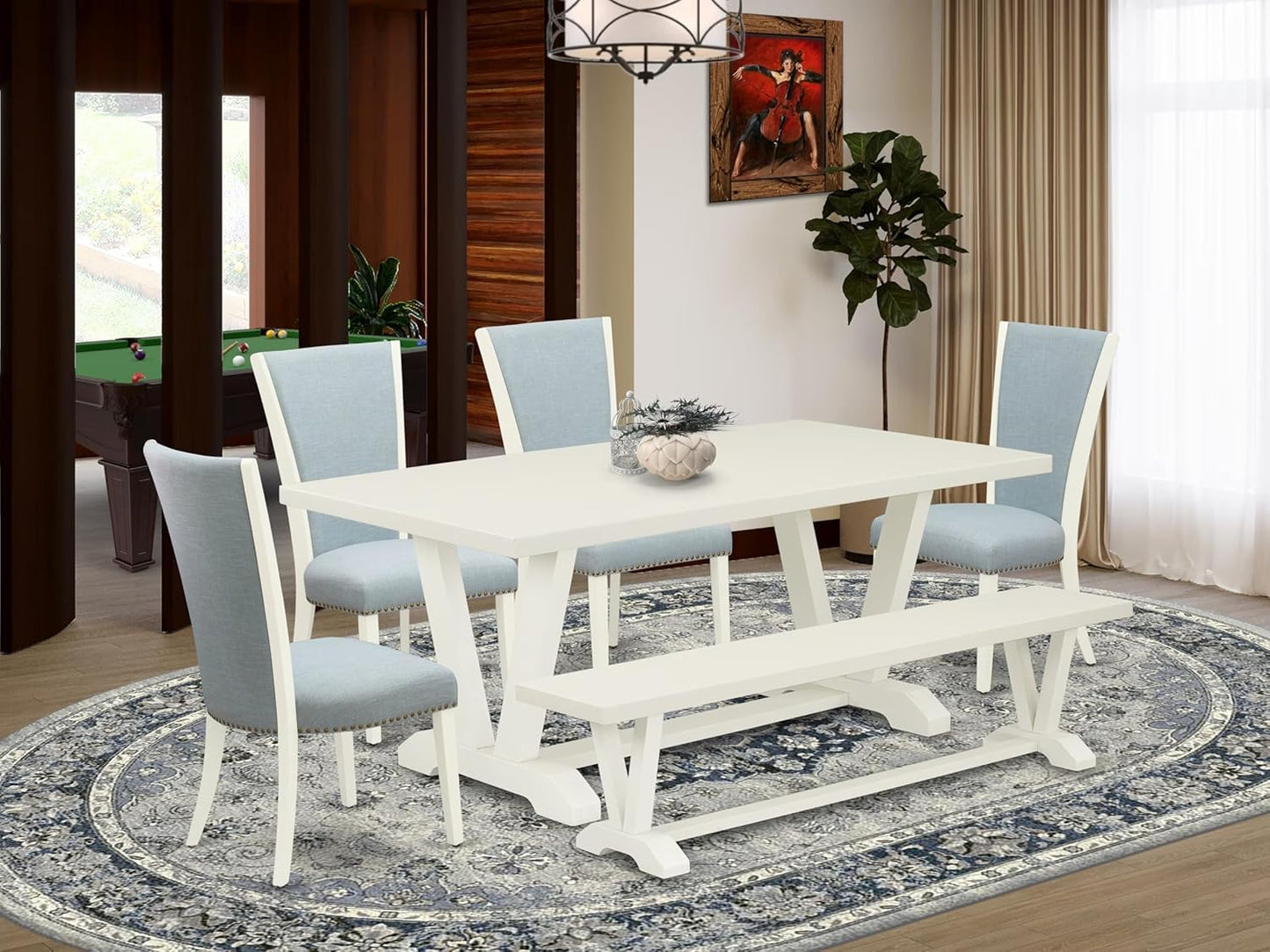 East West Furniture V027VE215-6 6 Piece Dining Set Contains a Rectangle Dining Room Table with V-Legs and 4 Baby Blue Linen Fabric Upholstered Chairs with a Bench, 40x72 Inch, Multi-Color
