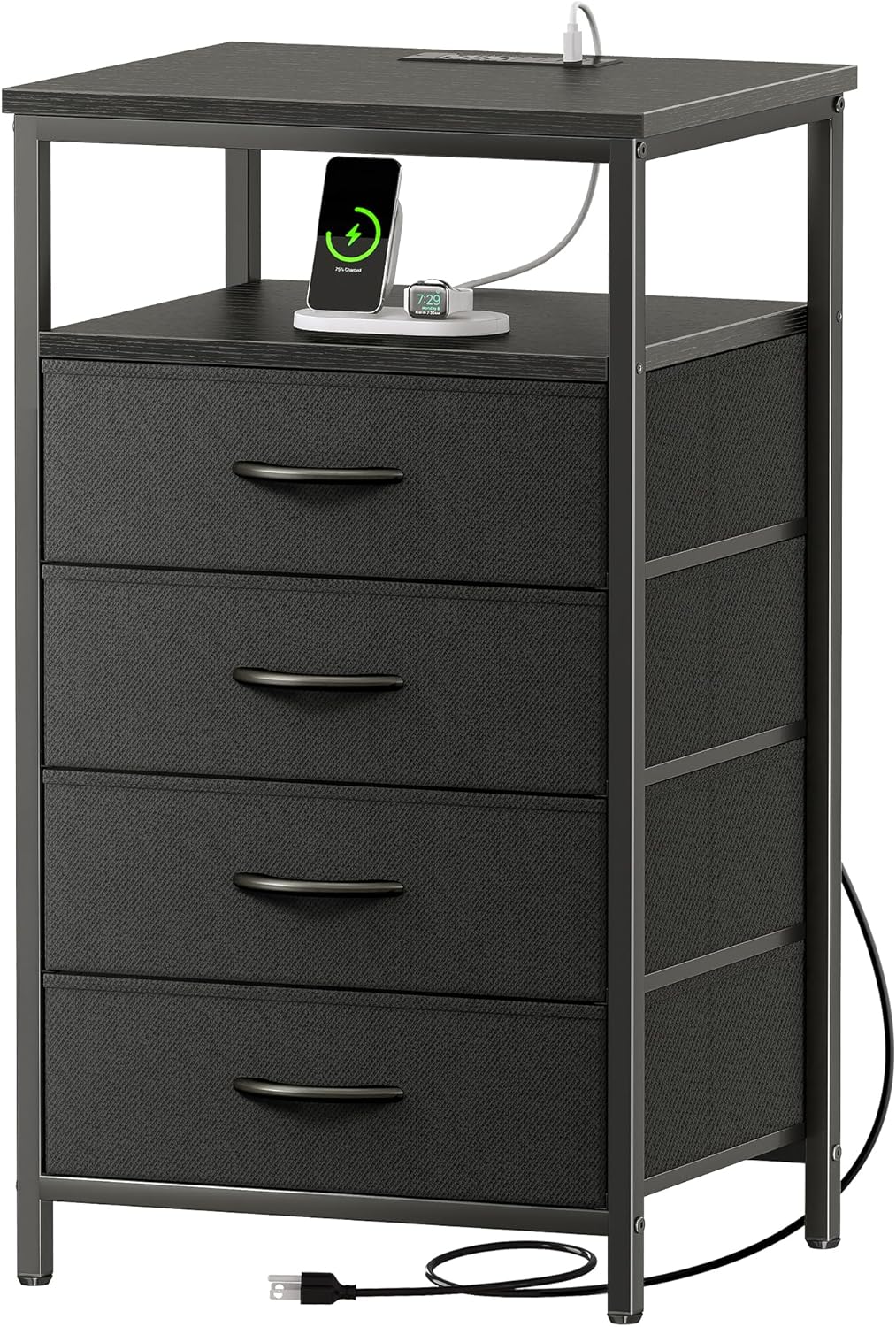 Huuger Night Stand with Charging Station, 4 Drawer Dresser for Bedroom, Bedside Table, 33.9 Inch Tall Nightstand with Open Shelf, End Table, for Closet, Entryway, Bedroom, Black