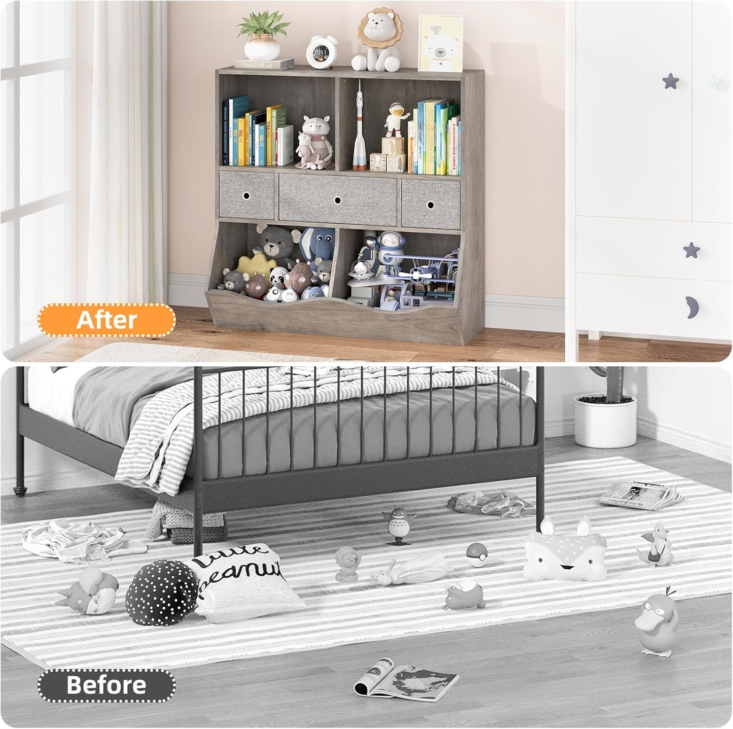 IDEALHOUSE Kids Bookshelf and Toy Storage Organizer with 3 Movable Drawers, Floor Storage Cabinet Toy Chest with 4 Cubbies, Multifunctional Storage Chest for Nursery, Playroom and Bedroom, White