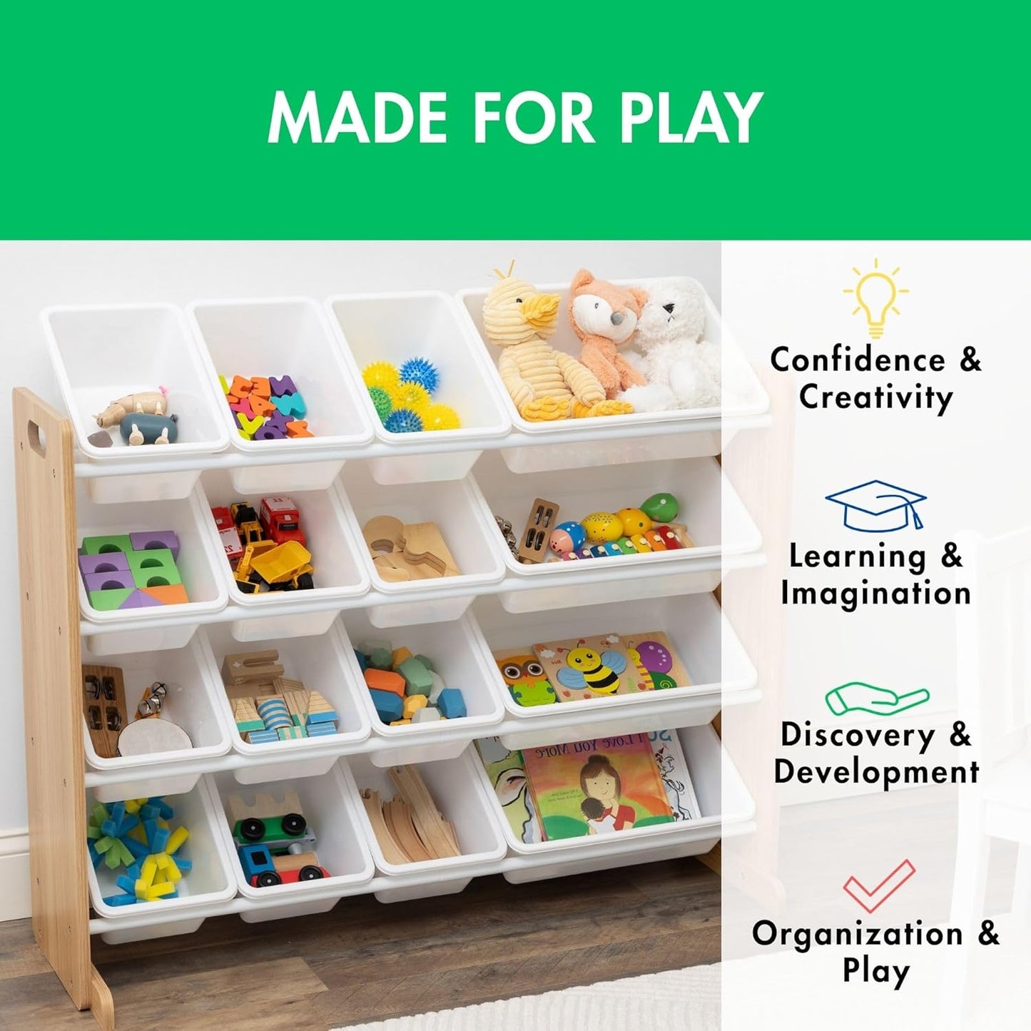 Humble Crew Supersized Toy Storage Organizer with 16 Removable Bins, Natural/White – Large Toy Storage for Toddlers Ideal for Kids' Rooms, Playrooms, and Nurseries - Modern Toy Bins for Kids