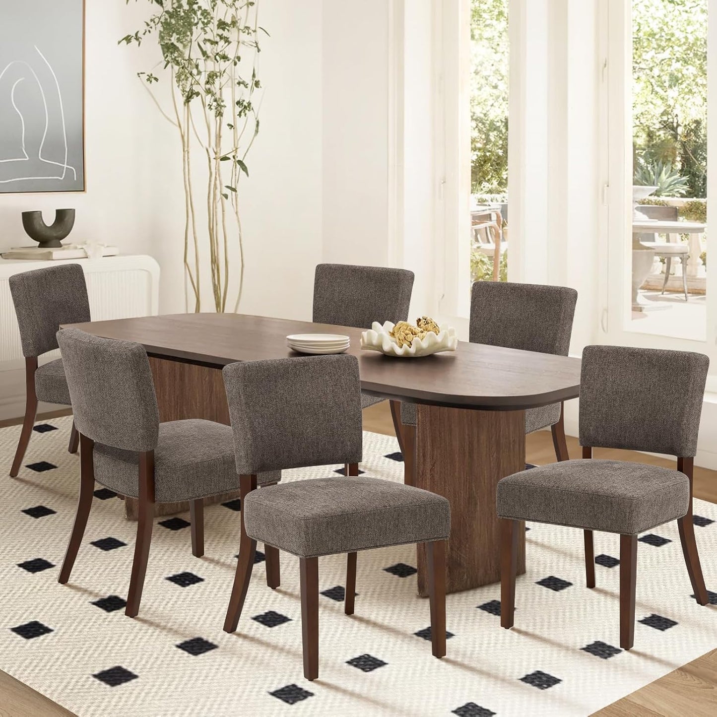 COLAMY Mid Century Modern Dining Chairs Set of 6, Upholstered Kitchen Chairs with Back, Farmhouse Fabric Side Dining Room Chairs with Wood Legs for Dining Room Kitchen Restaurant, Brown