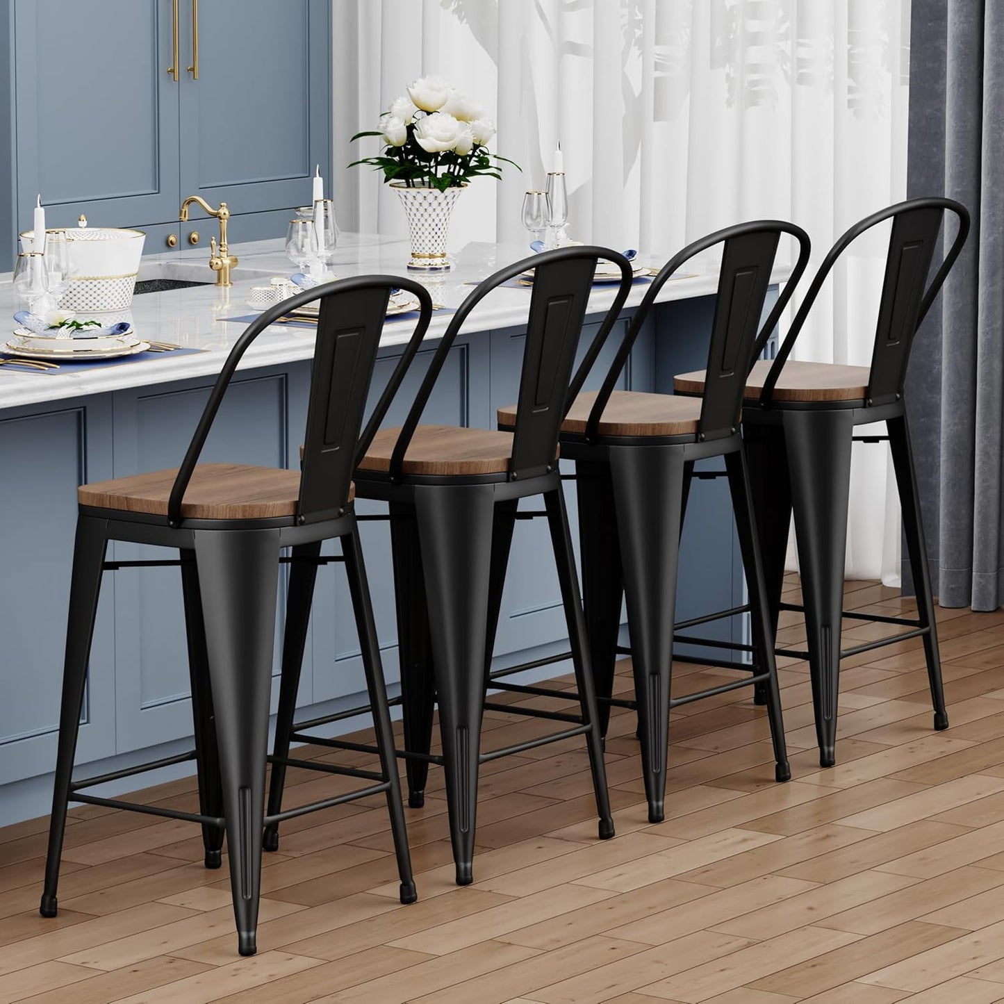 Yongqiang Black Metal Bar Stools Set of 4 Bar Height Stools Kitchen Island Barstools Industrial High Back Bar Chairs with Large Wooden Seat 30 inch