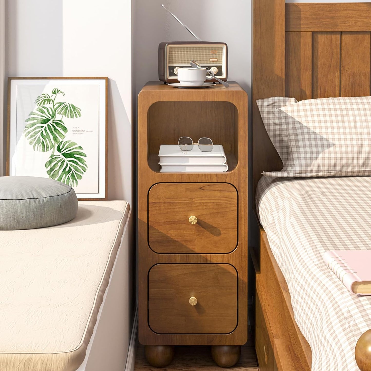 Small Nightstand, Narrow Tall Beside Table with 2 Drawers and Open Shelf, Walnut Solid Wood Night Stand, Mid Century Modern Nightstand for Bedroom (10 inch)