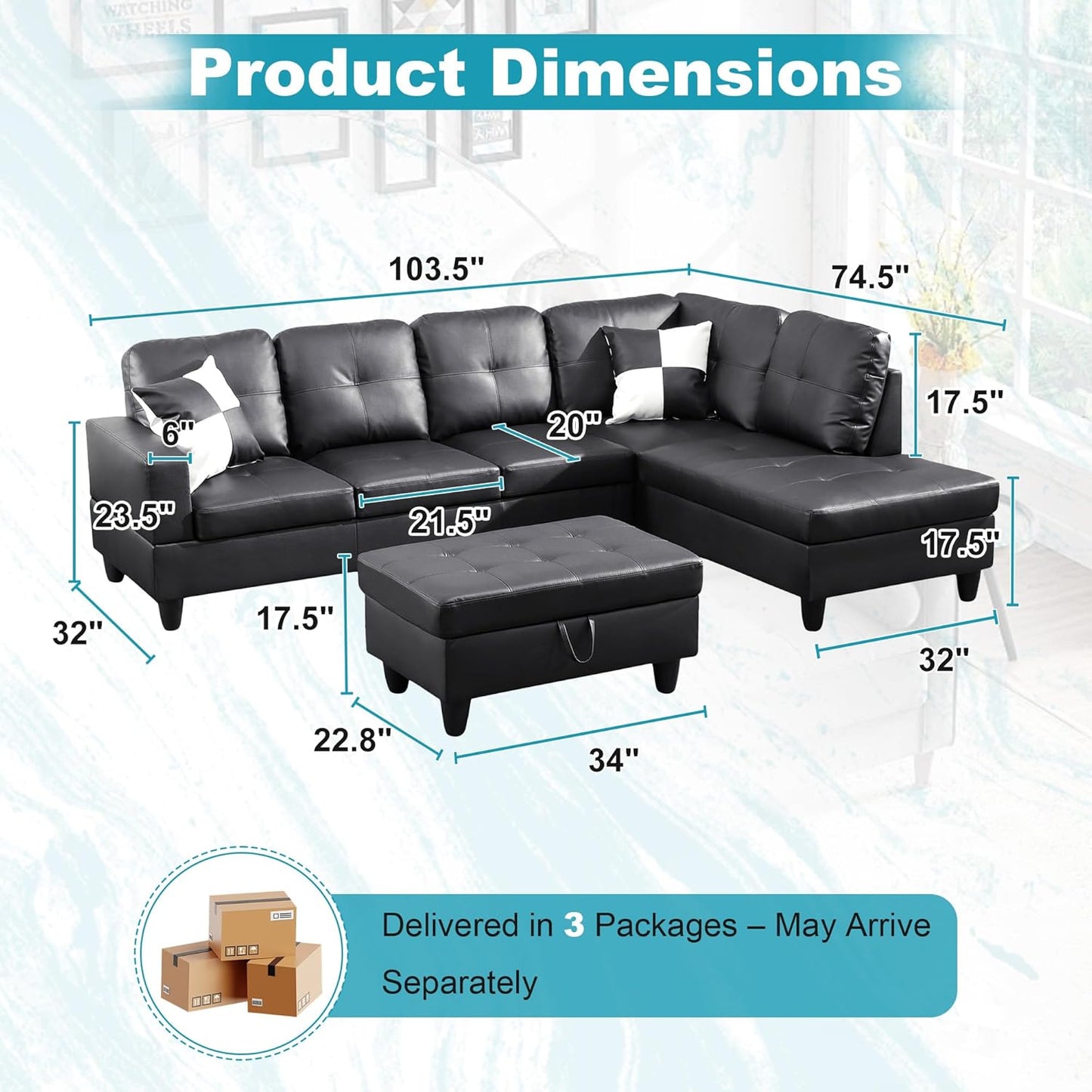103.5" Oversized Sectional Couch, L Shaped Couch with Storage Ottoman, Modern Modular Sofa with Deep Seat, Sectional Couches for Living Room and Office, Jet Black (Faux Leather)