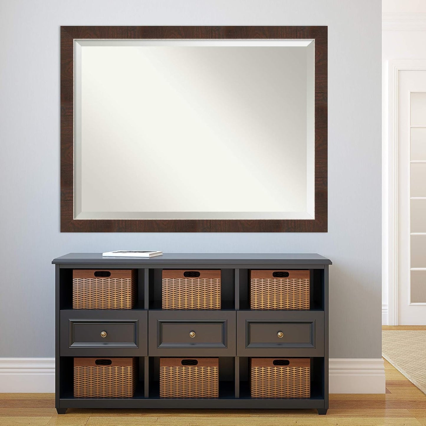 Amanti Art Brown Bathroom Mirror for Over Sink, 33x43 Wildwood Brown Narrow Rectangle Vanity Mirror, X-Large Rustic Farmhouse Frame, Hangs Horizonally and Vertically, Bathroom Wall Decor, Beveled Edge