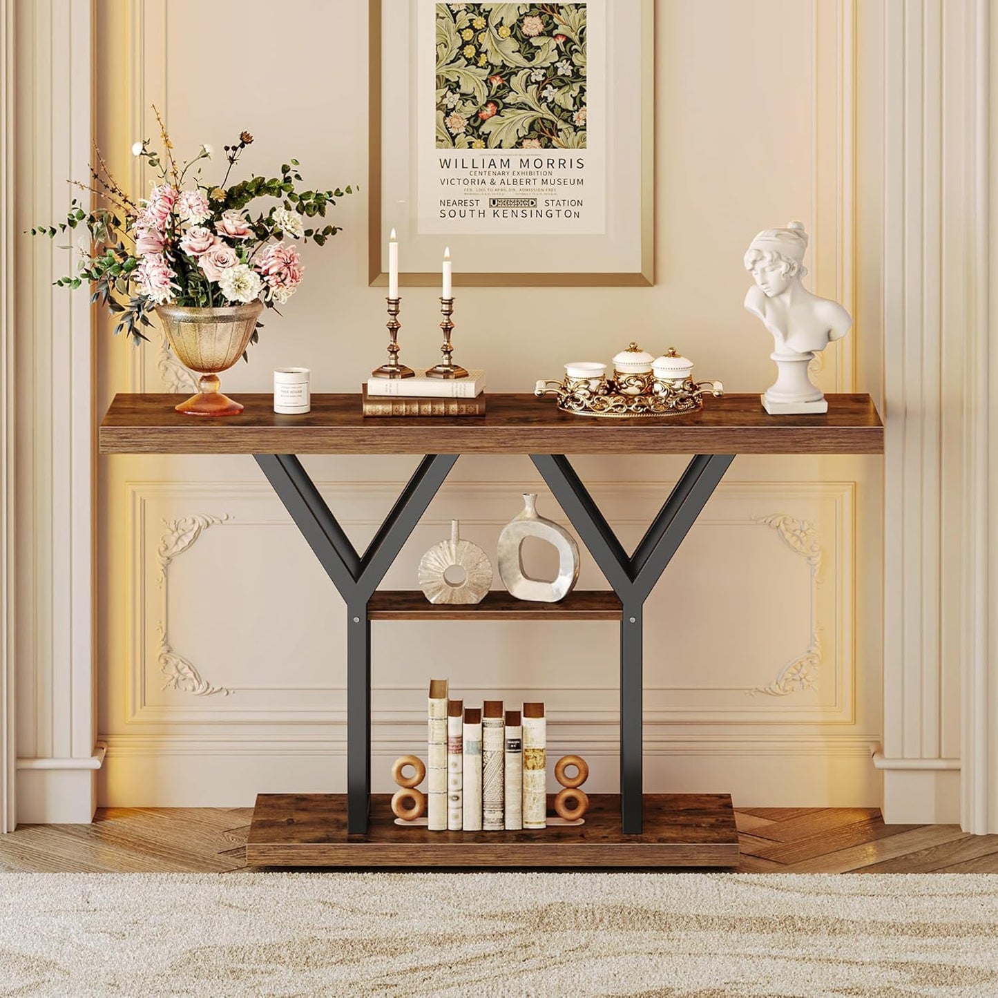 Huuger 47.2 Inch Entryway Table, Industrial Console Sofa Table, 3 Tier Accent Table, for Entry, Hallway, Entrance, Foyer, Y-Shaped Metal Base, Rusitc Brown