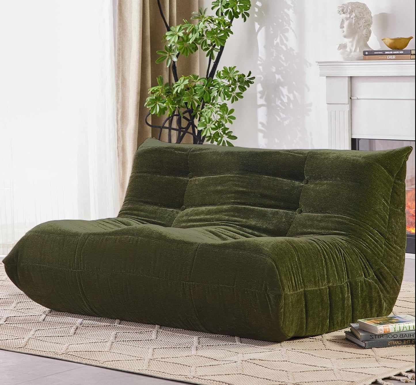 Bean Bag Chair, Loveseat Fireside Chair Large Bean Bag Sofa for Adults, Memory Foam Two Seater Couch Gaming Chairs with Comfy Design, Lazy Floor Sofa for Living Room, Bedroom, Olive Green