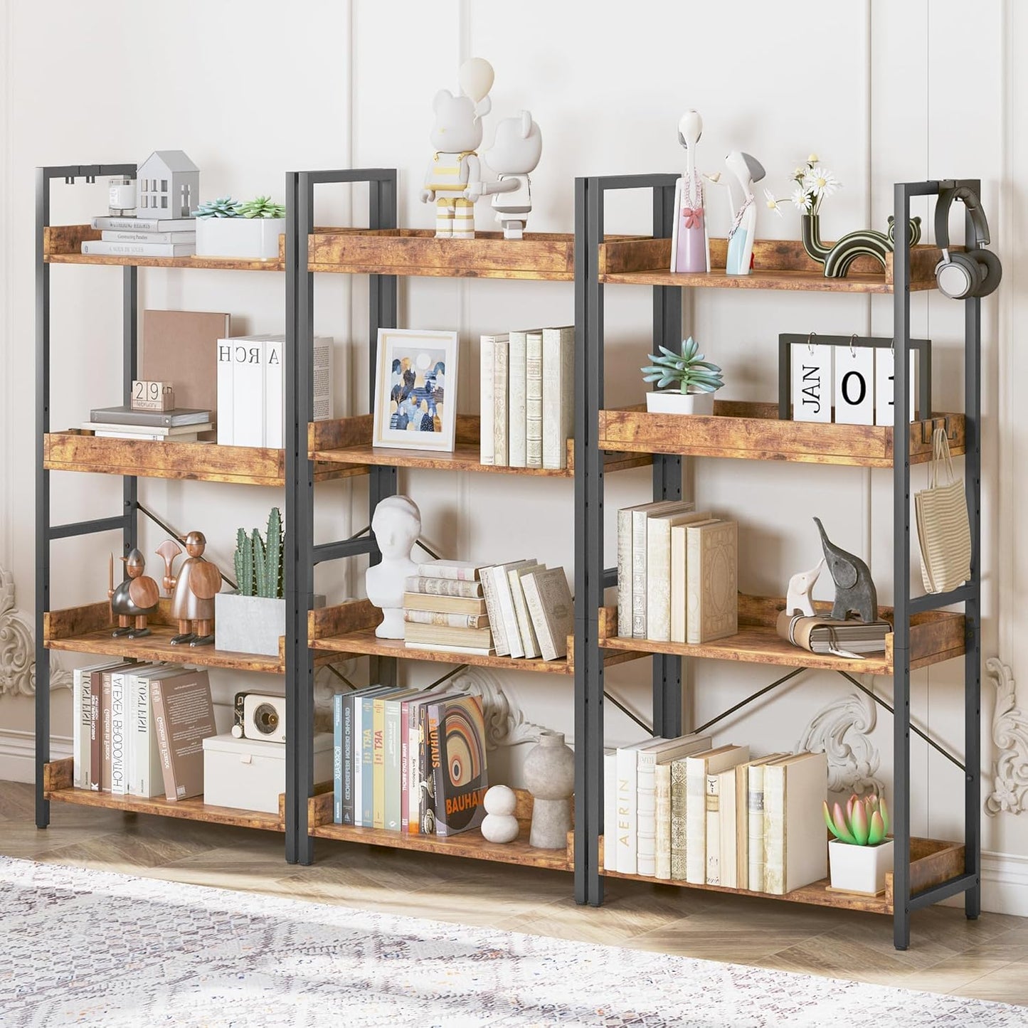 HCHQHS 4 Tier Bookshelf, Adjustable Industrial Bookcase, Vertical Tall Book Shelf, Wood and Black Metal Open Bookshelves for Home Office, Living Room, Bedroom