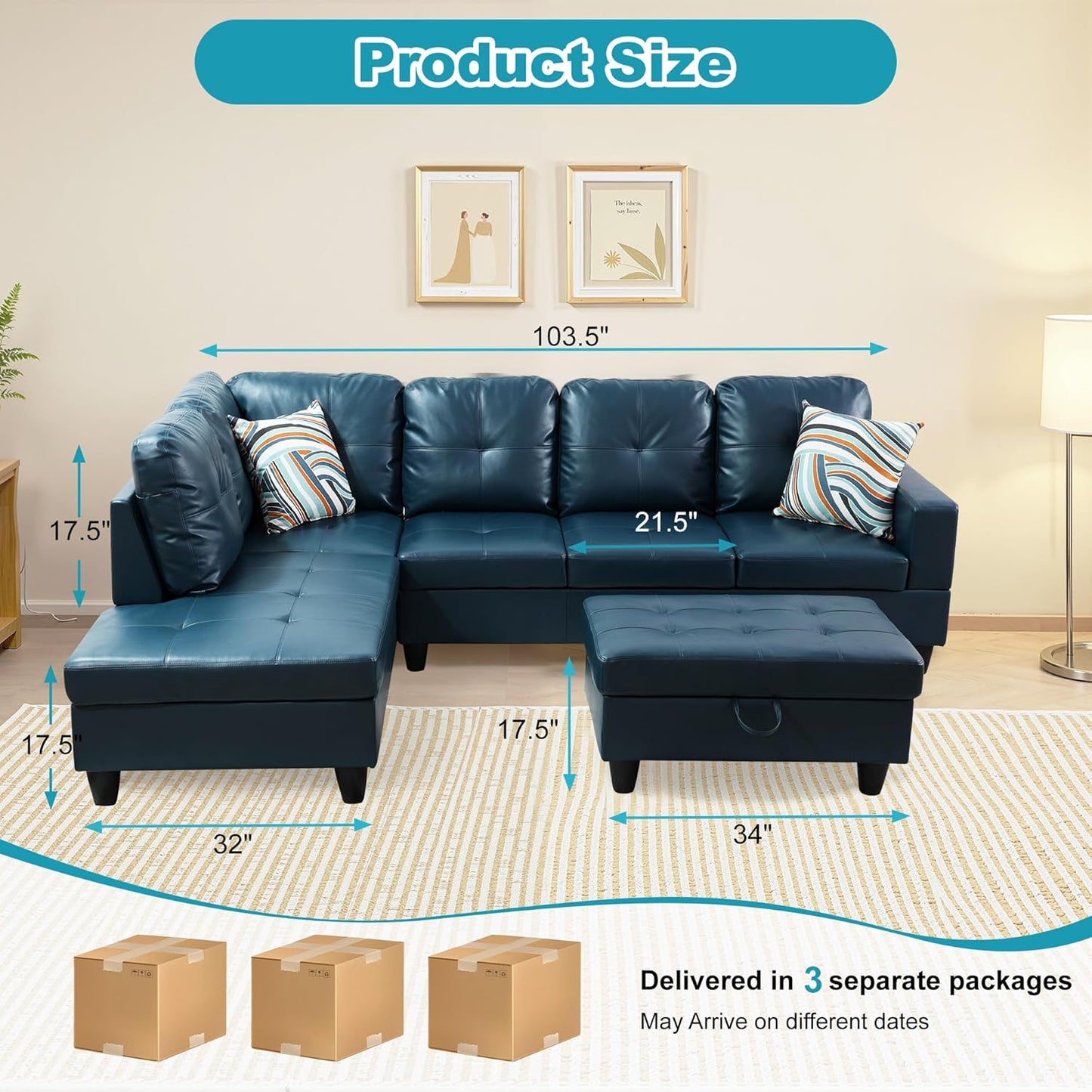 L Shaped Couch PU Leather Sectional Couch Upholstered 3 Pieces Sofas for Living Room with Chaise, Storage Ottoman for Office and Small Apartment, Peacock Blue