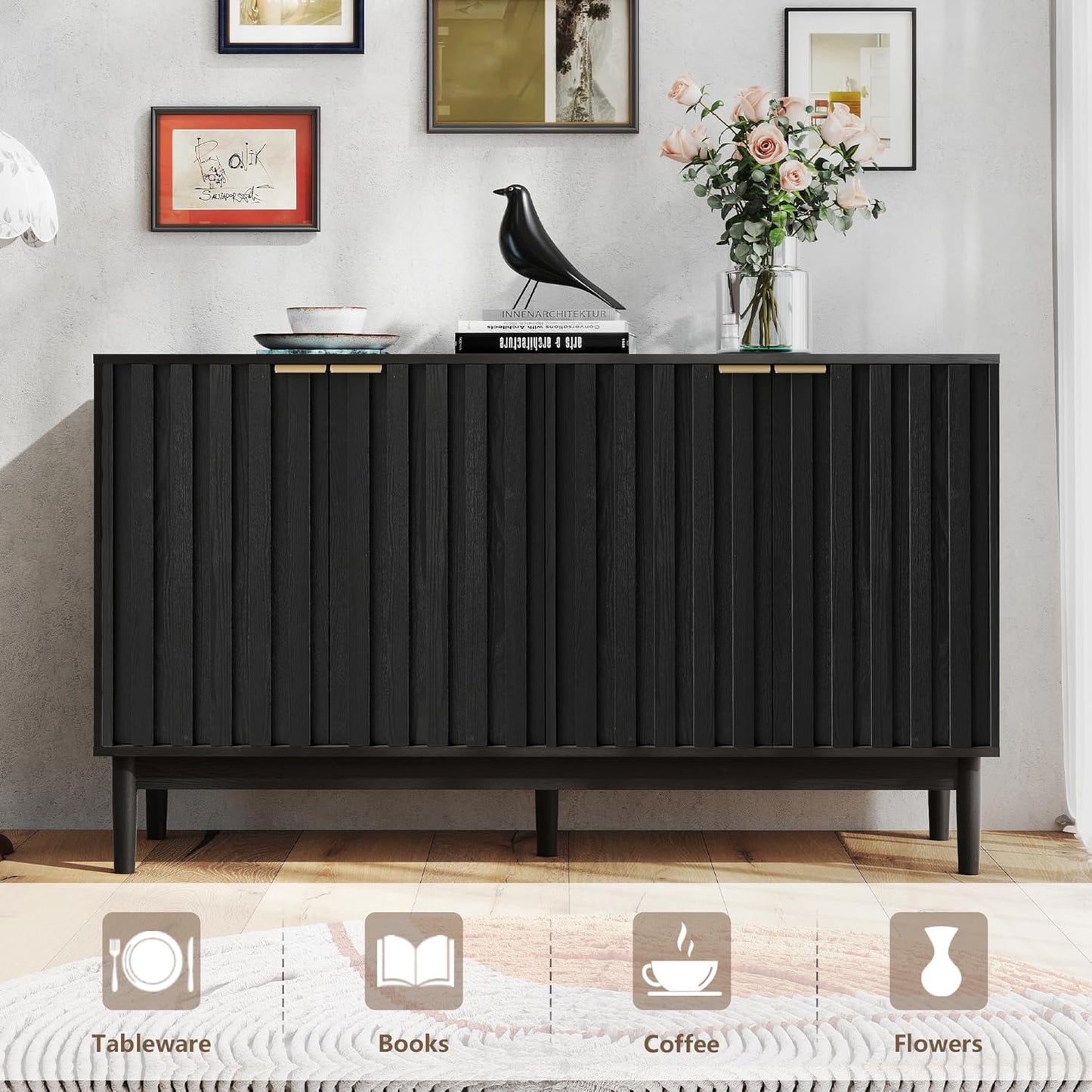 Fluted Cabinet with Storage, Small Buffet Cabinet Sideborad with Door, Kitchen Buffet Storage Accent Cabinets with Adjustable Shelves for Living Room, Entry, Hallway,Black