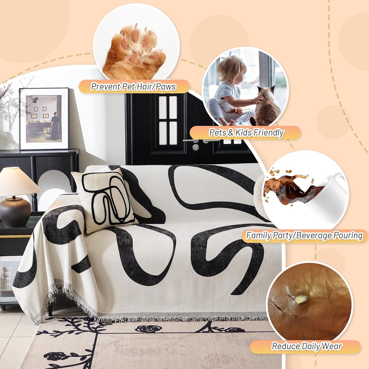 MYSKY HOME Boho Couch Cover Super Soft Couch Covers for 2-3 Cushion Couch Sofa, Modern Black Jacquard Sofa Slipcover Loveseat Futon Cover, Couch Covers for Sectional Sofa, 71" x 118", Black Curve