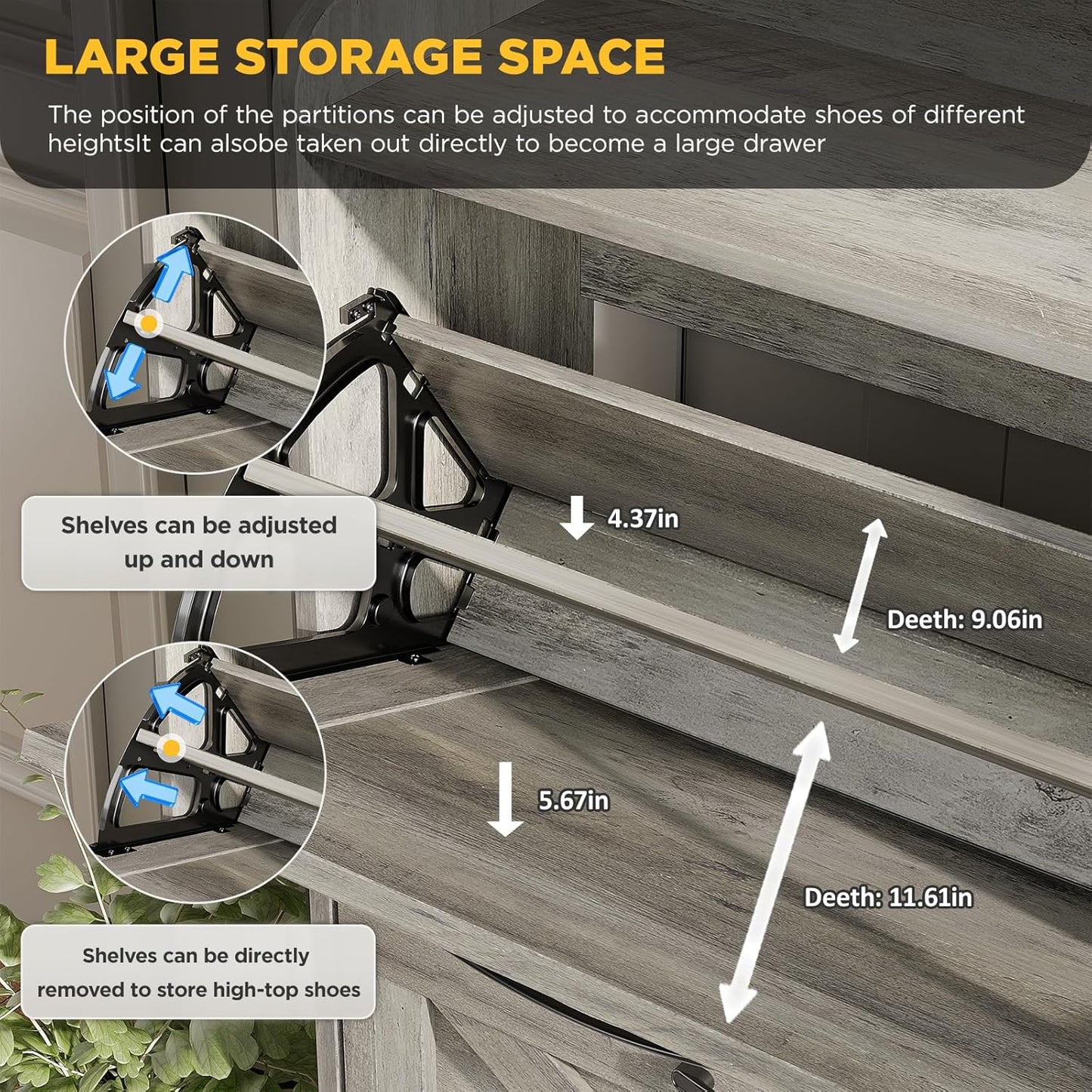 Maupvit Large Shoe Storage Cabinet with 4 Flip Drawers, Narrow Shoe Cabinet for Entryway with Wooden Legs, Freestanding Hidden Shoe Rack Organizer ＆ Metal Hinges, Washed Gray