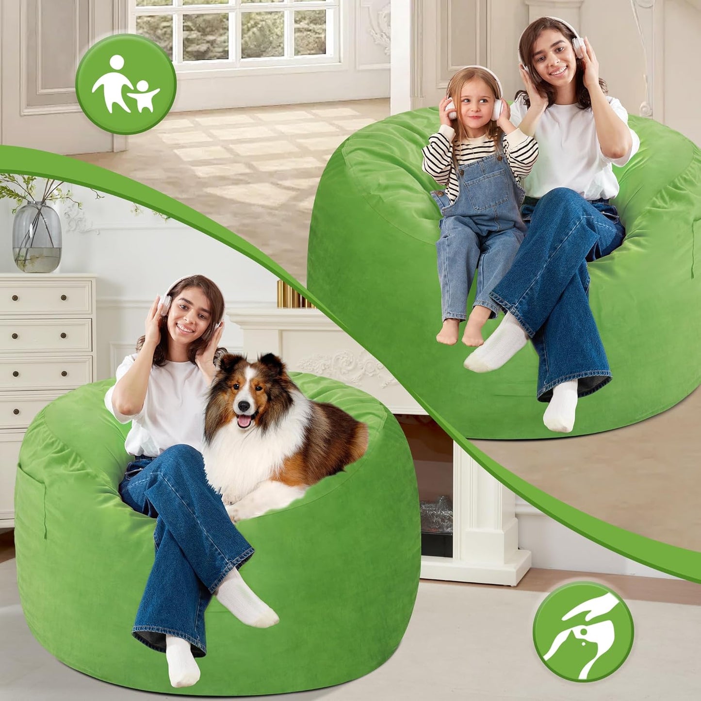 Homguava 3FT Bean Bag Chair: 3' Bean Bags with Memory Foam Filled, Large Beanbag Chairs Soft Sofa with Dutch Velvet Cover-Lime