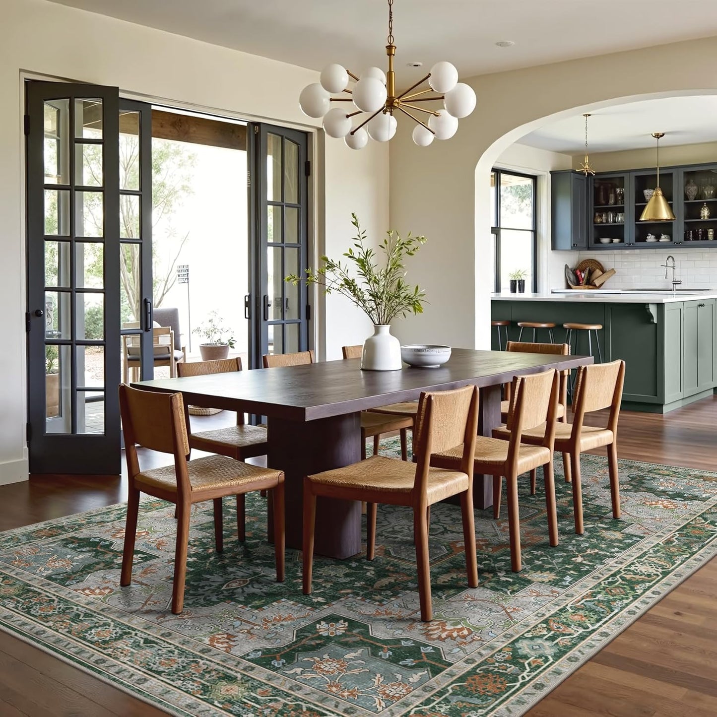 GENIMO 8x10 Area Rugs for Living Room, Machine Washable Non Slip Vintage Rugs, Low Pile Lightweight Chenille Print Rug for Bedroom, Dining Room, Home Office,Pine Green