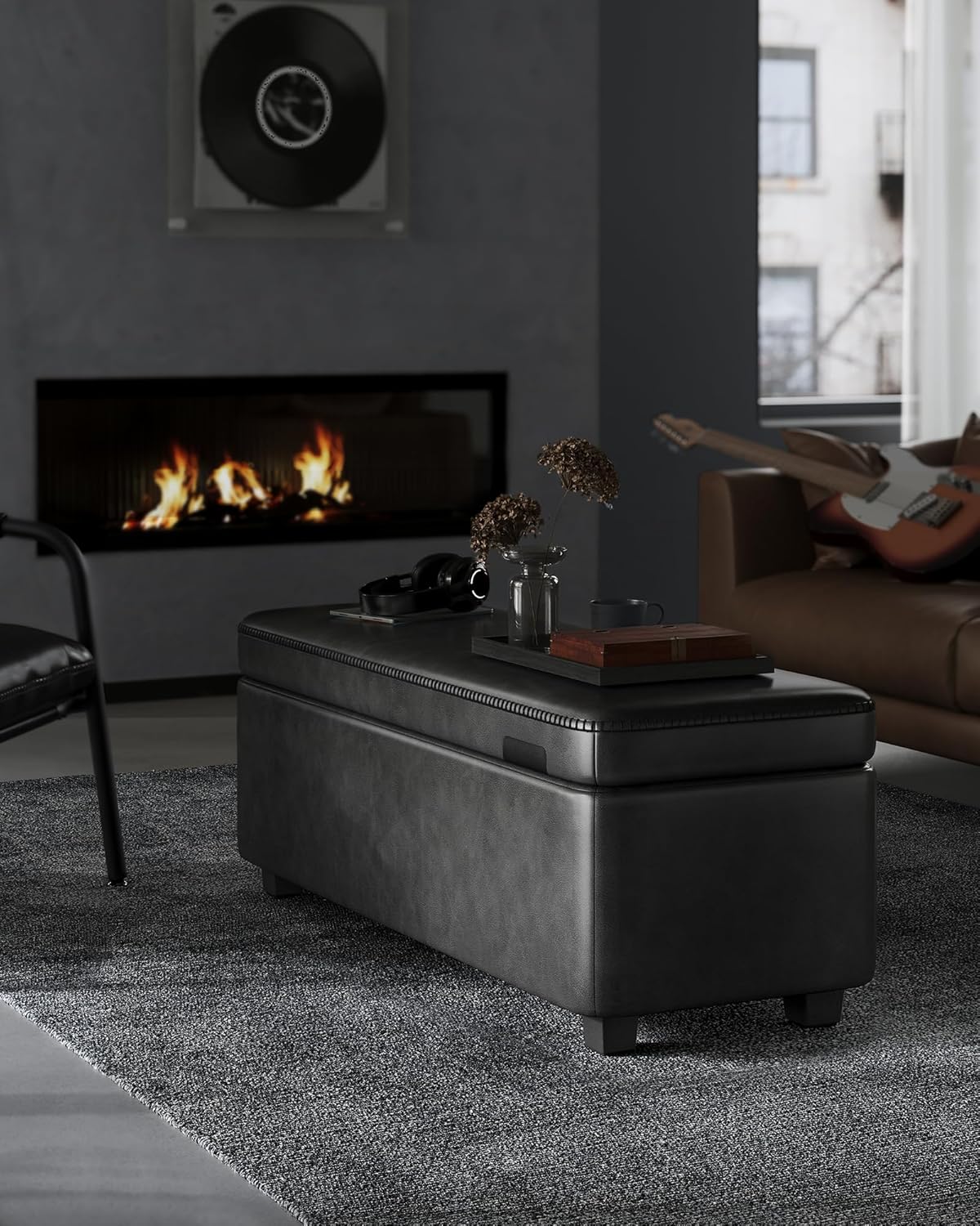 VASAGLE EKHO Collection - Storage Ottoman Bench, Entryway Bedroom Bench, 25 Gallons, Synthetic Leather with Stitching, Mid-Century Modern, Safety Hinges, Loads 660 lb, Ink Black ULOM075B01