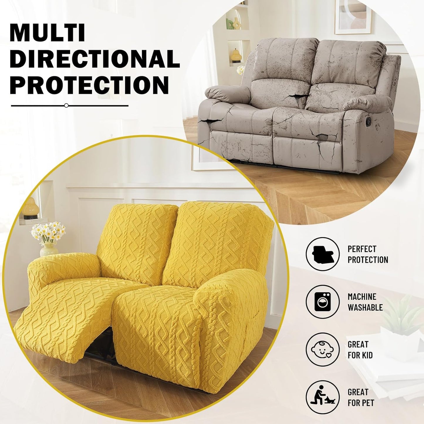 vctops 6 Pieces Geometric Jacquard Plush Recliner Loveseat Slipcovers Soft Fuzzy Fluffy Sofa Couch Cover Anti-Slip Furniture Protector with Elastic Bottom for Kids Cats Dogs(Yellow,2 Seat)