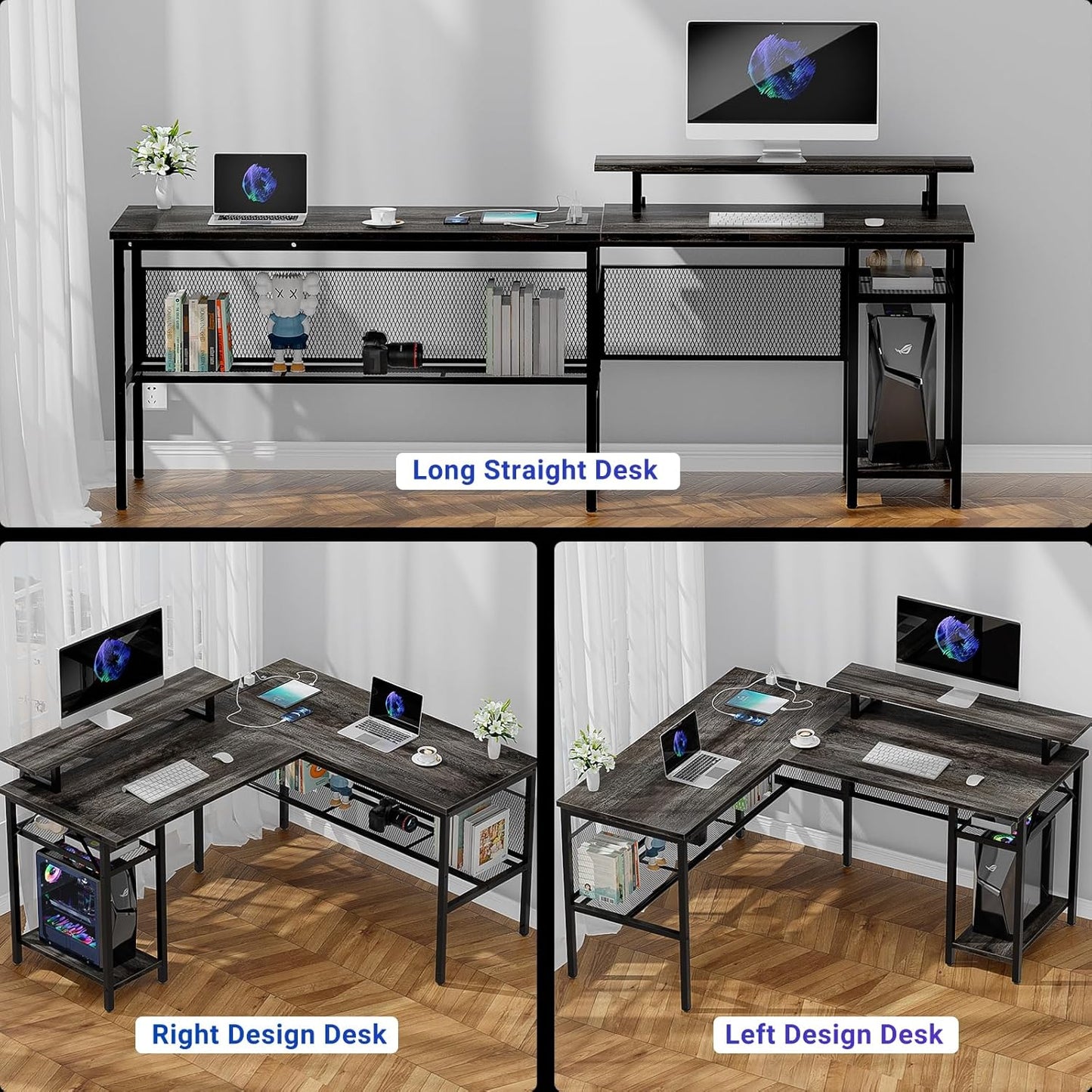 L Shaped Computer Desk with Magic Power Outlets and Smart LED Light, Reversible Office Corner Desk with Ergonomic Monitor Stand, Large Gaming Table with Storage, Sleek Grid Design, Black Oak