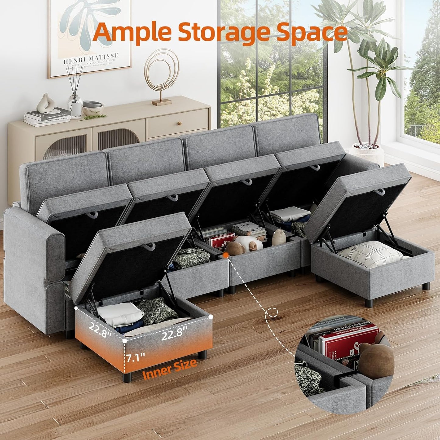 GAOMON 139.4" Chenille Reversible Sectional Sofa, 9-Seater Modular Sectional Sofa, Comfy Sectional Sleeper Sofa Couch with Chaise, U-Shape Modular Couch with Storage Seats & Ottomans, Grey