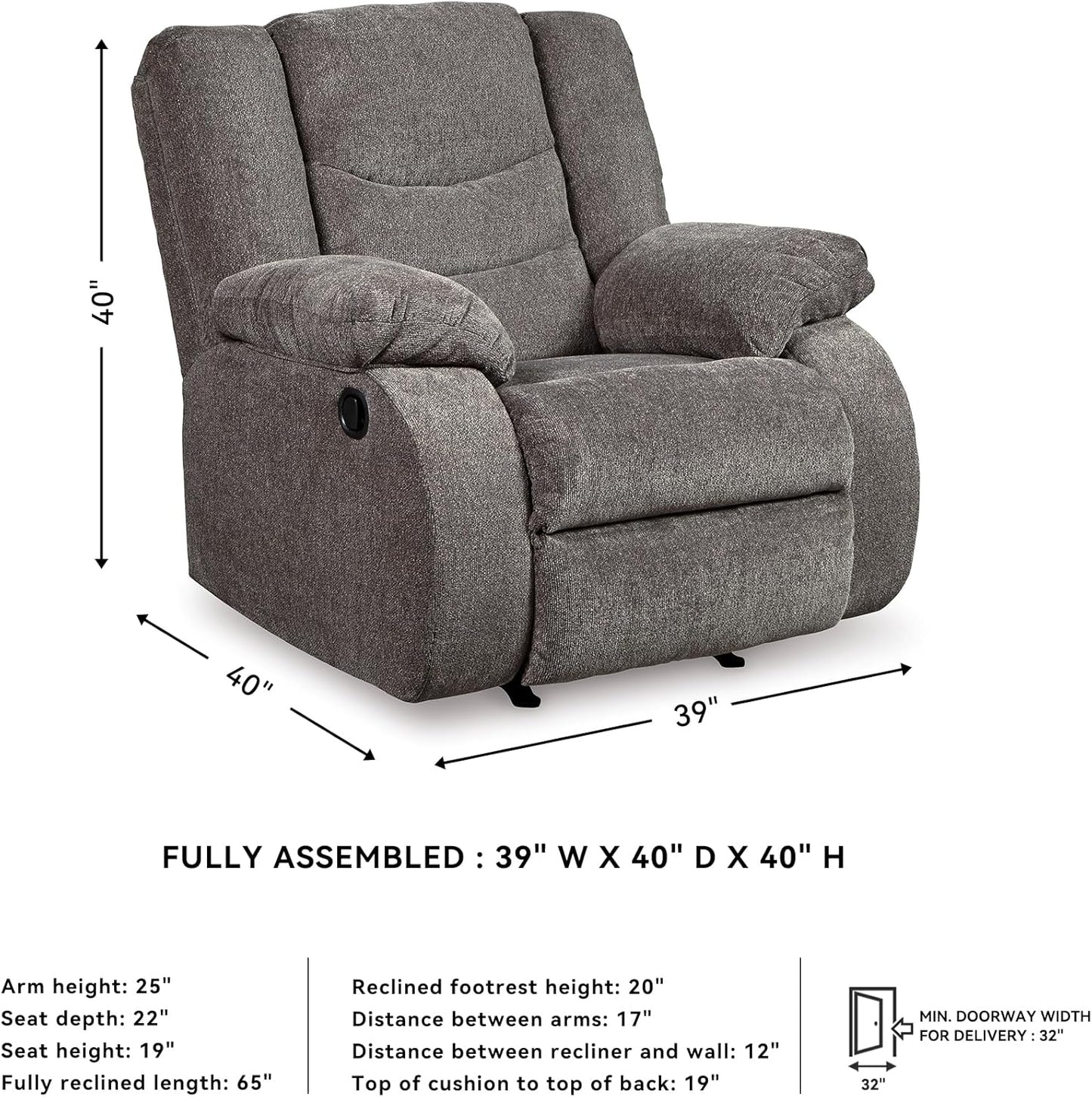 Signature Design by Ashley Tulen Modern Manual Pull Tab Rocker Recliner, Dark Gray